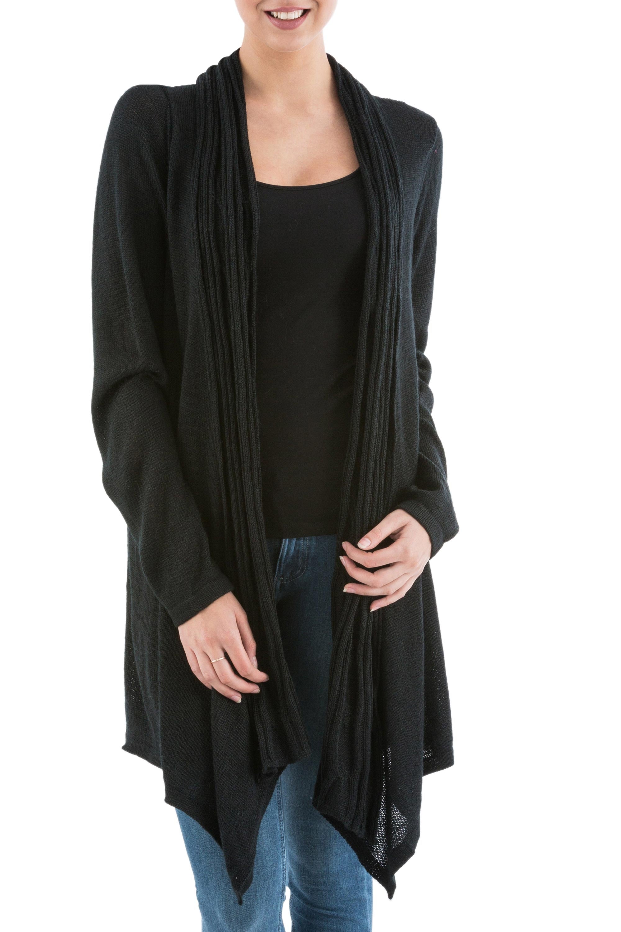 Black Waterfall Dream Long Sleeved Black Cardigan Sweater from Peru