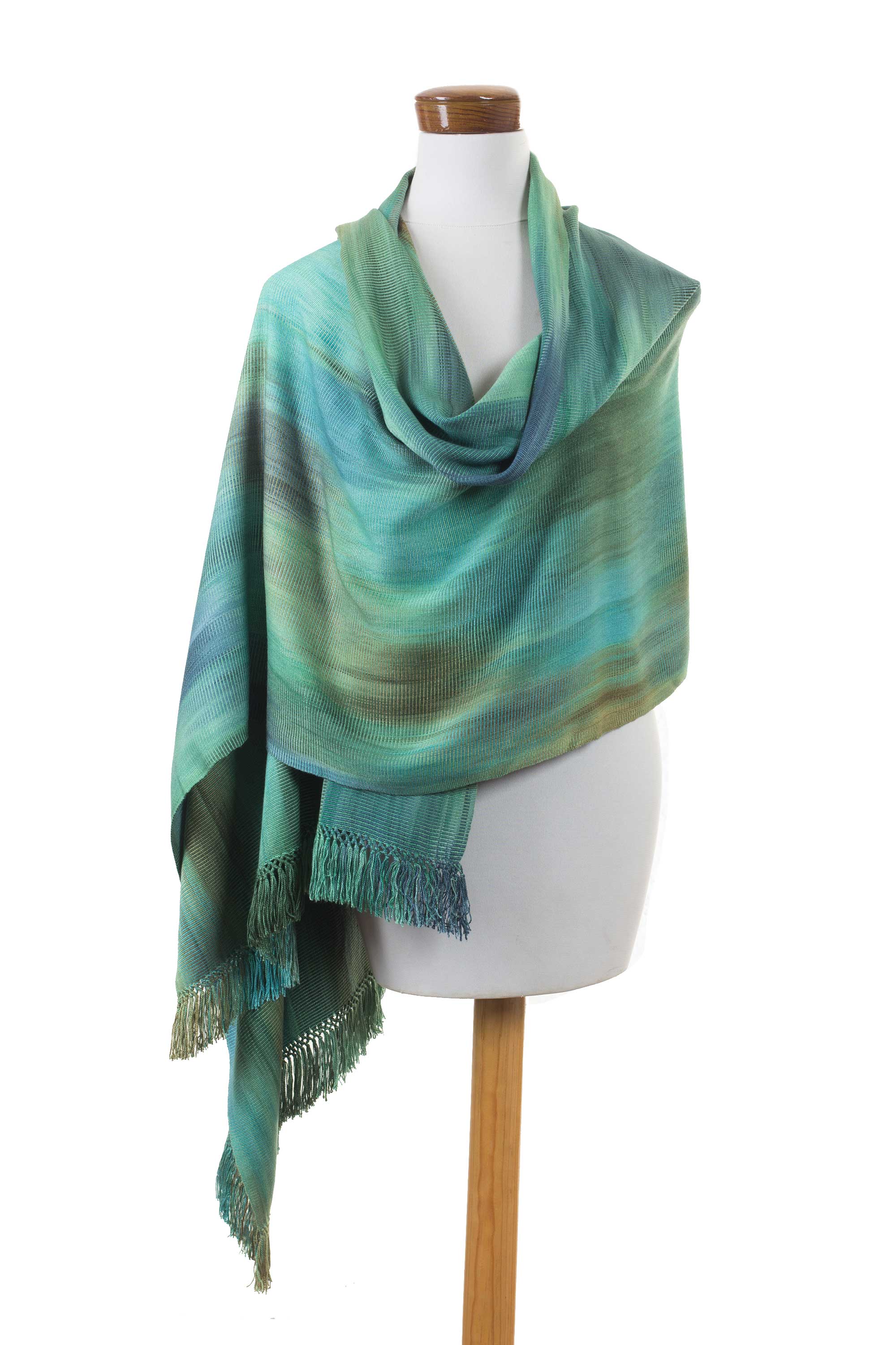 Peaceful Green and Turquoise Hand Woven Rayon Chenille Shawl