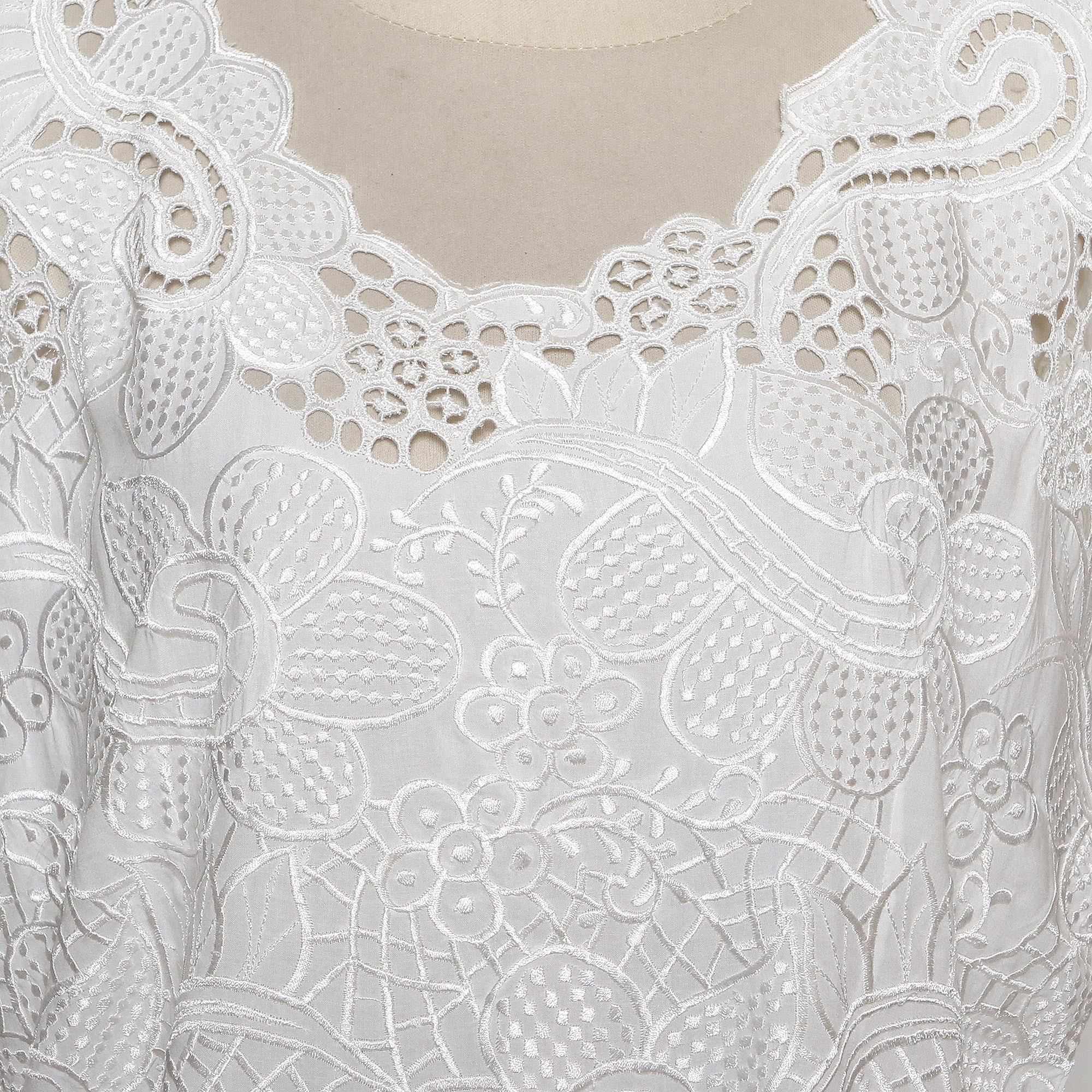 Rose Mallow in White Floral White-On-White Openwork and Embroidered Rayon Top