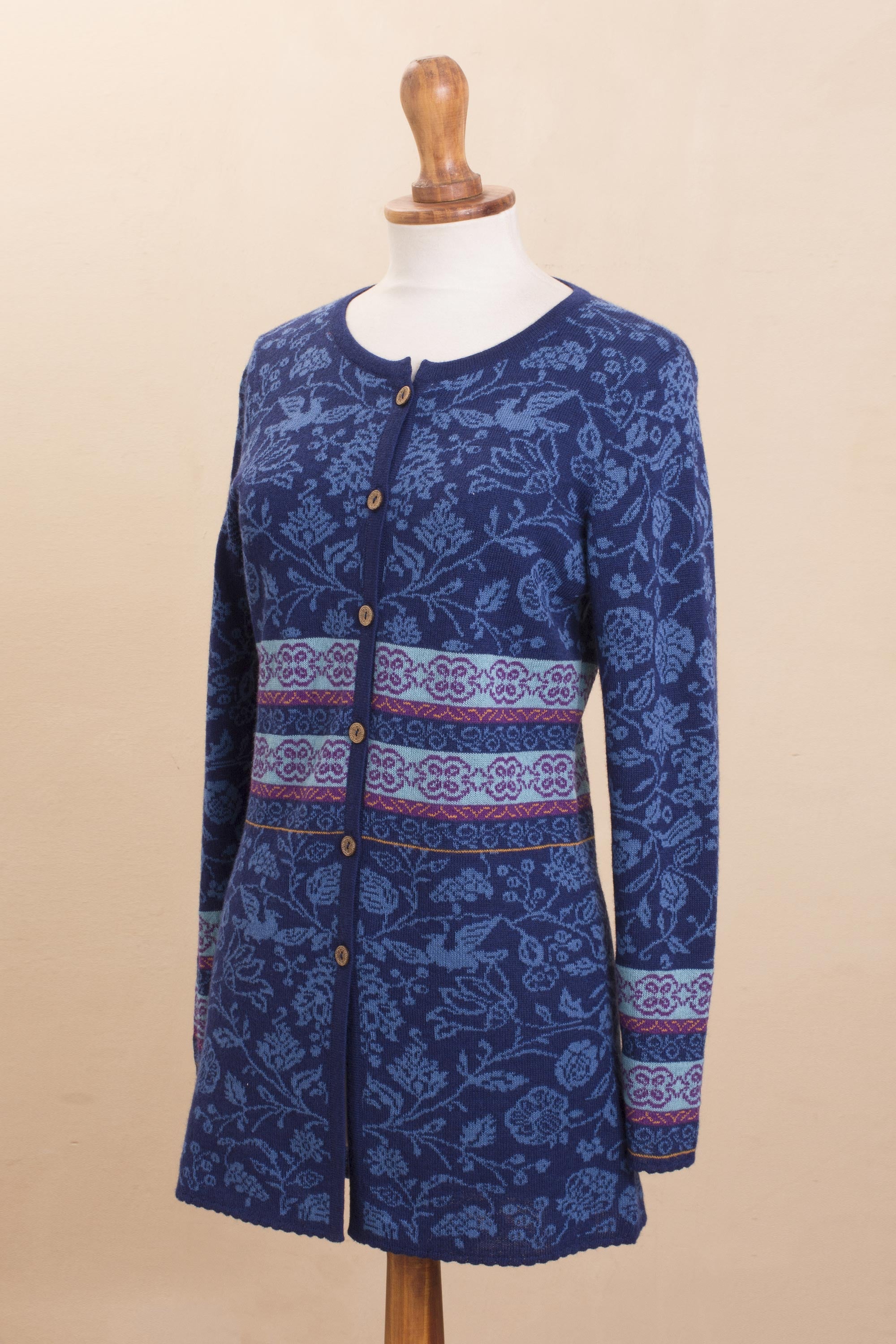 Romantic Nature in Indigo Nature-Themed 100% Baby Alpaca Cardigan in Indigo from Peru