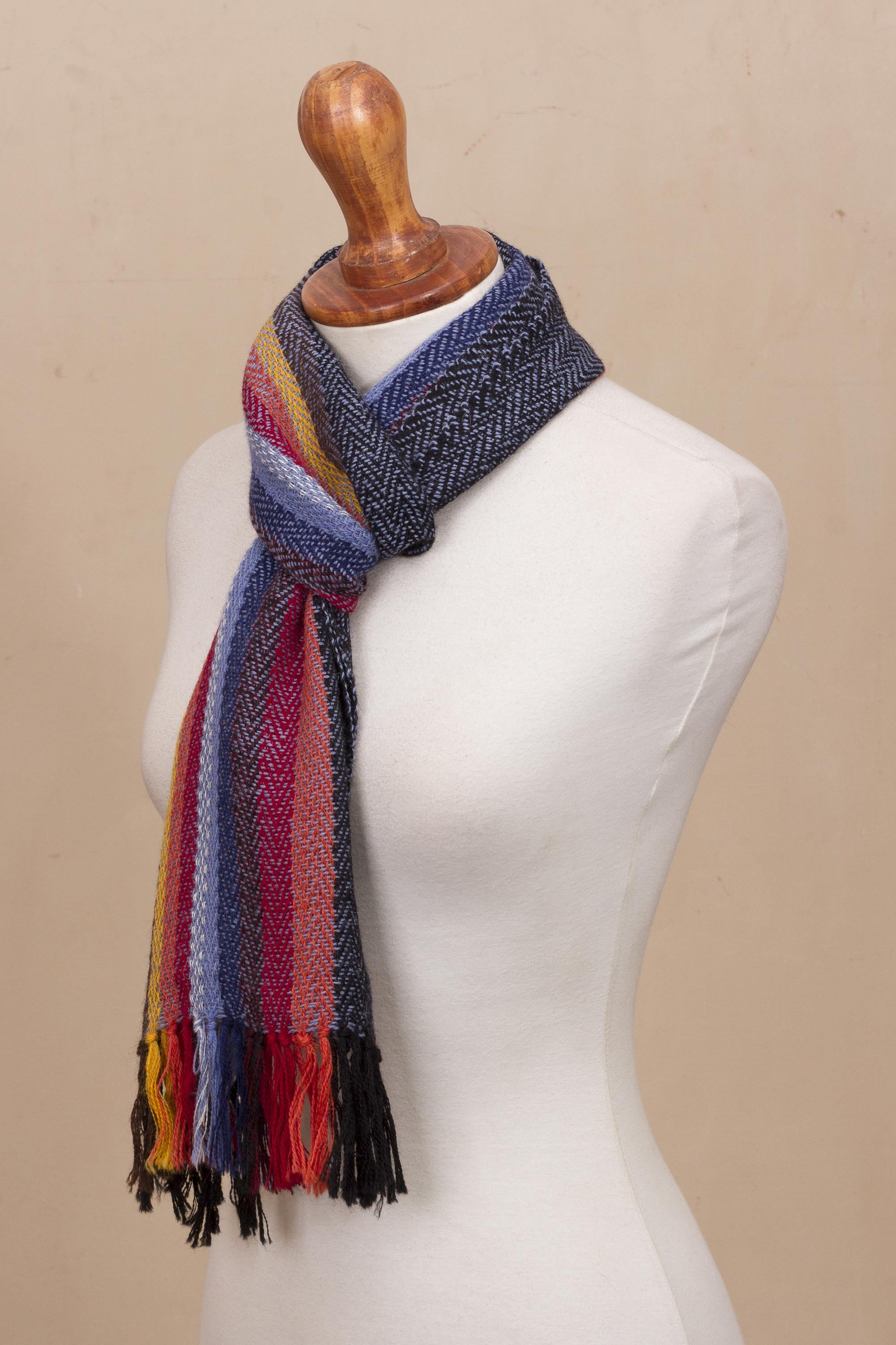 Rugged Rainbow Soft Black with Colorful Stripes Handwoven 100% Alpaca Scarf