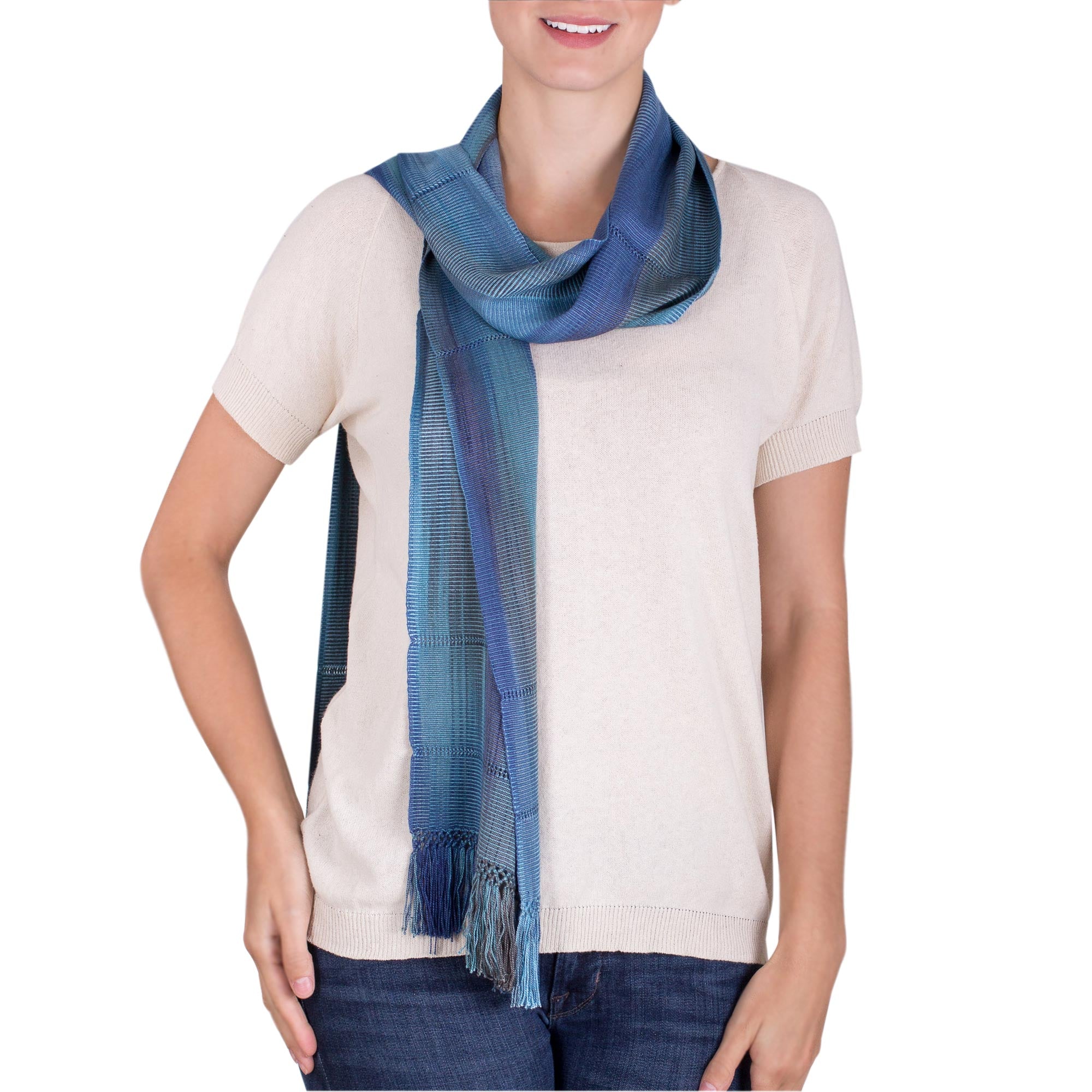 Smooth Breeze in Blue Handwoven Rayon Wrap Scarf in Blue from Guatemala