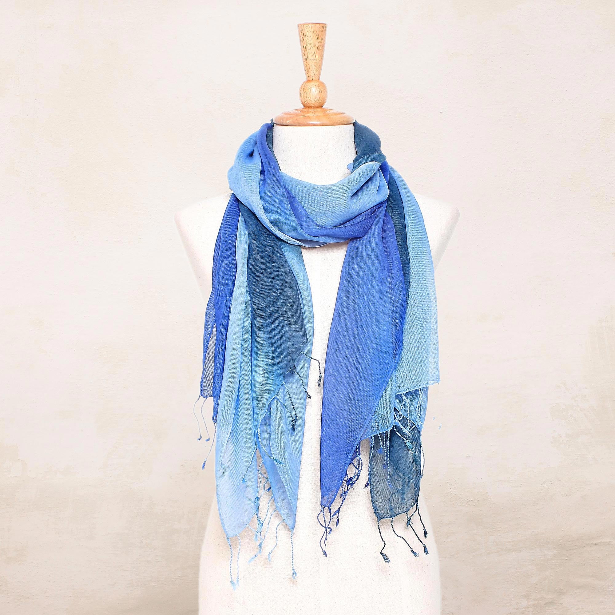 Delightful Breeze in Blue Cotton Wrap Scarves in Blue from Thailand (Pair)