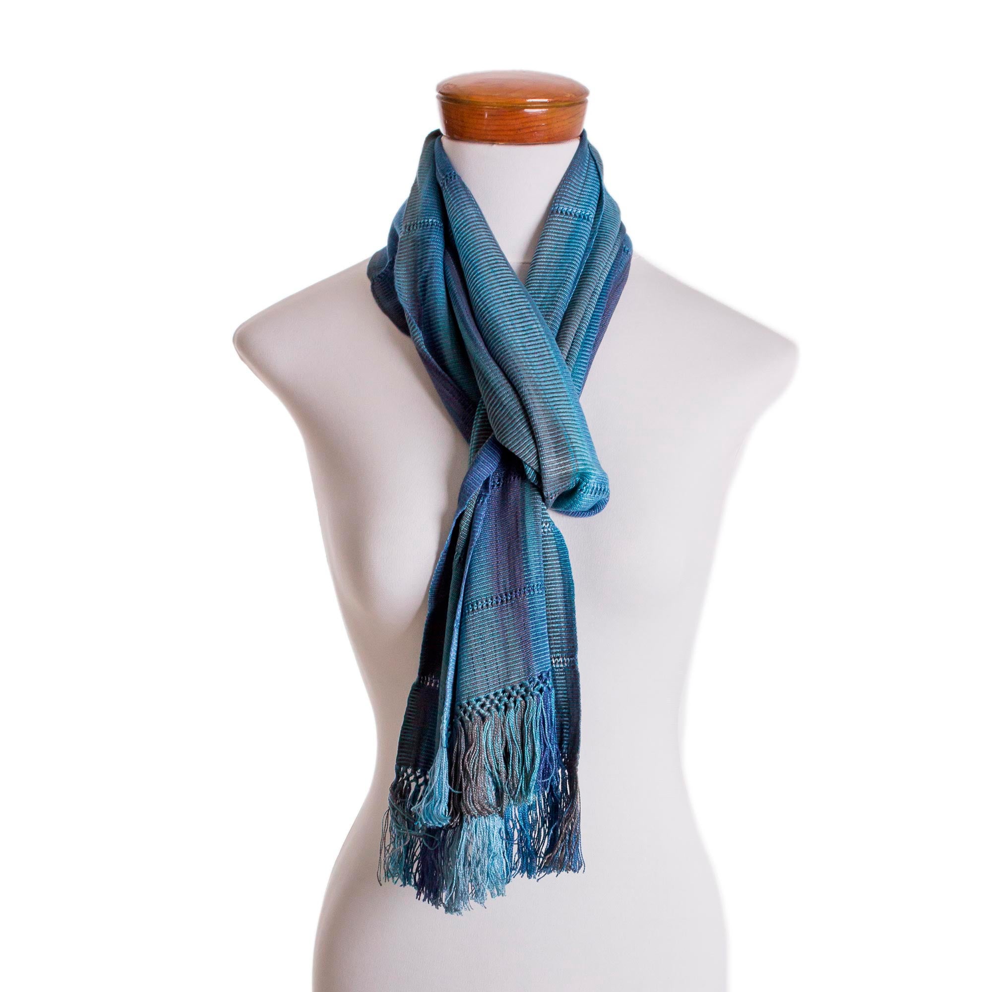 Smooth Breeze in Blue Handwoven Rayon Wrap Scarf in Blue from Guatemala