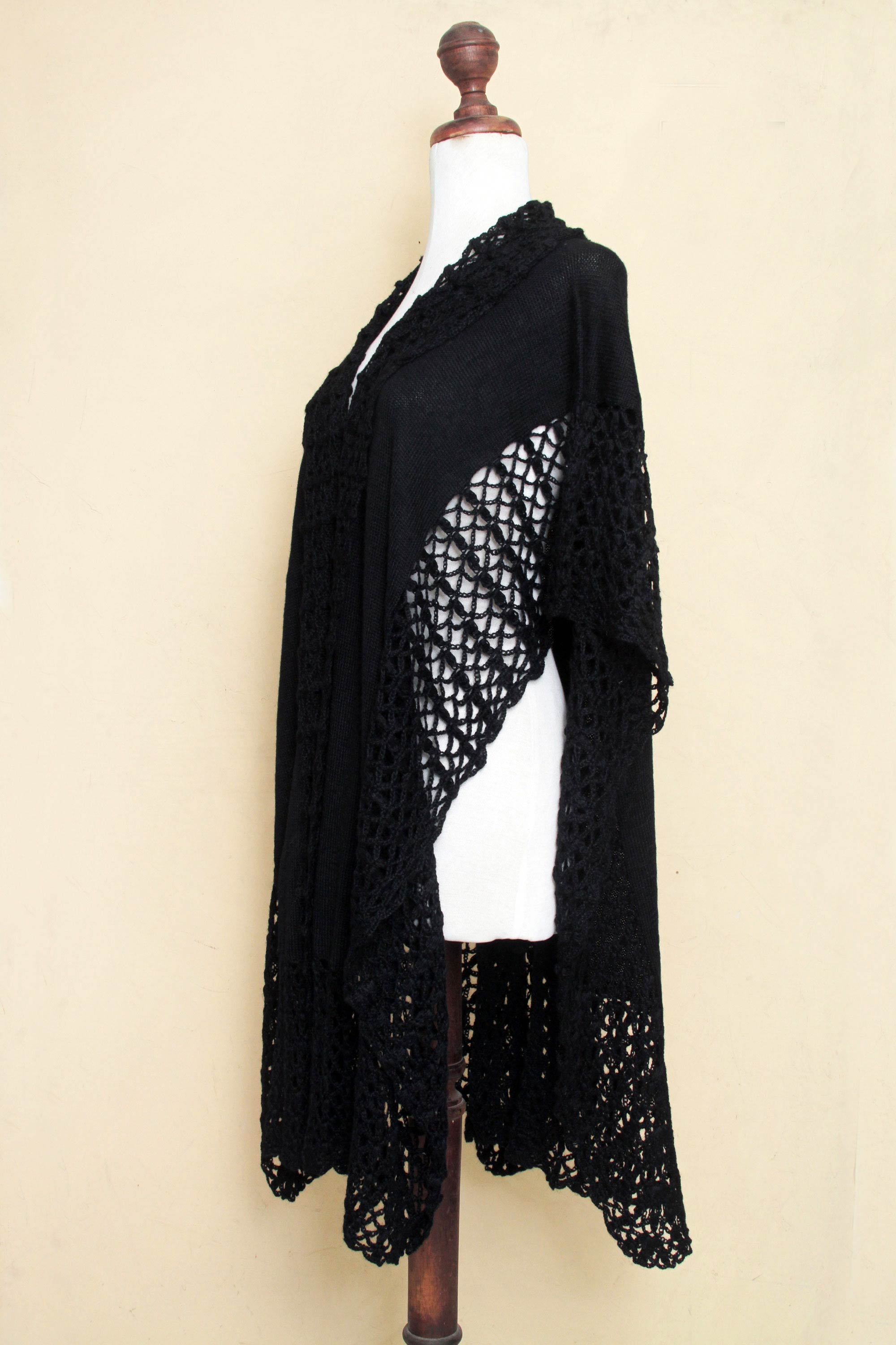 Ebony Whisper Lacy Knitted Black 100% Alpaca Long Kimono Cape from Peru