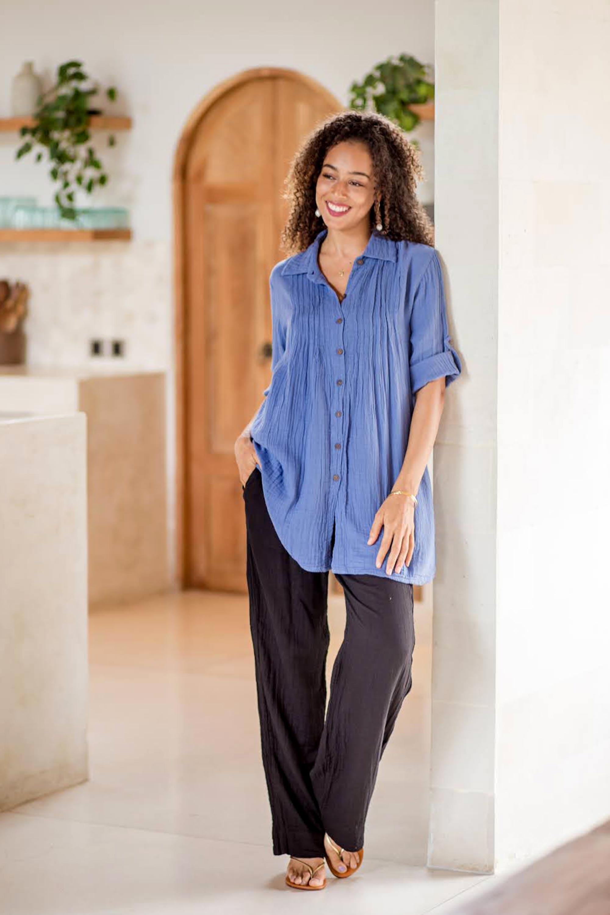 Periwinkle Pintucks Blue Cotton Gauze Shirt from Thailand