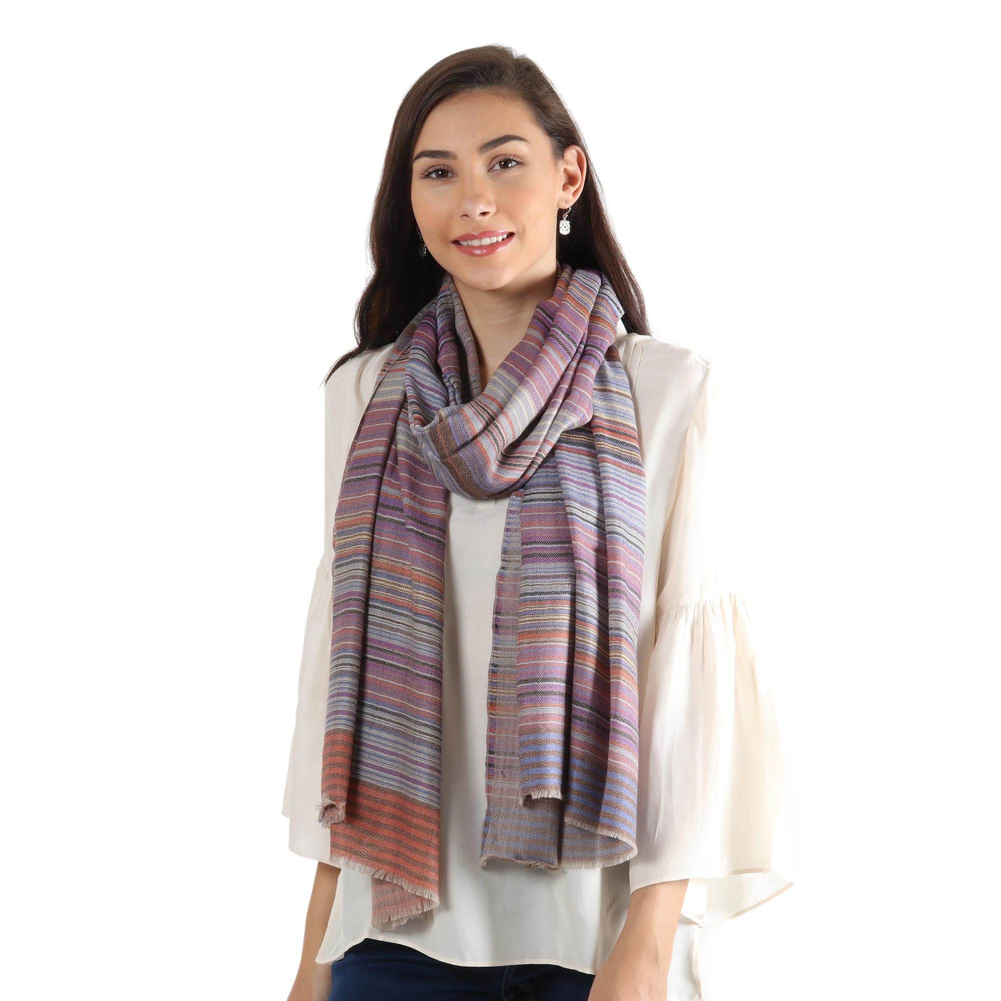 Brilliant Stripes 100% Wool Shawl with Multicolored Stripes Handmade in India