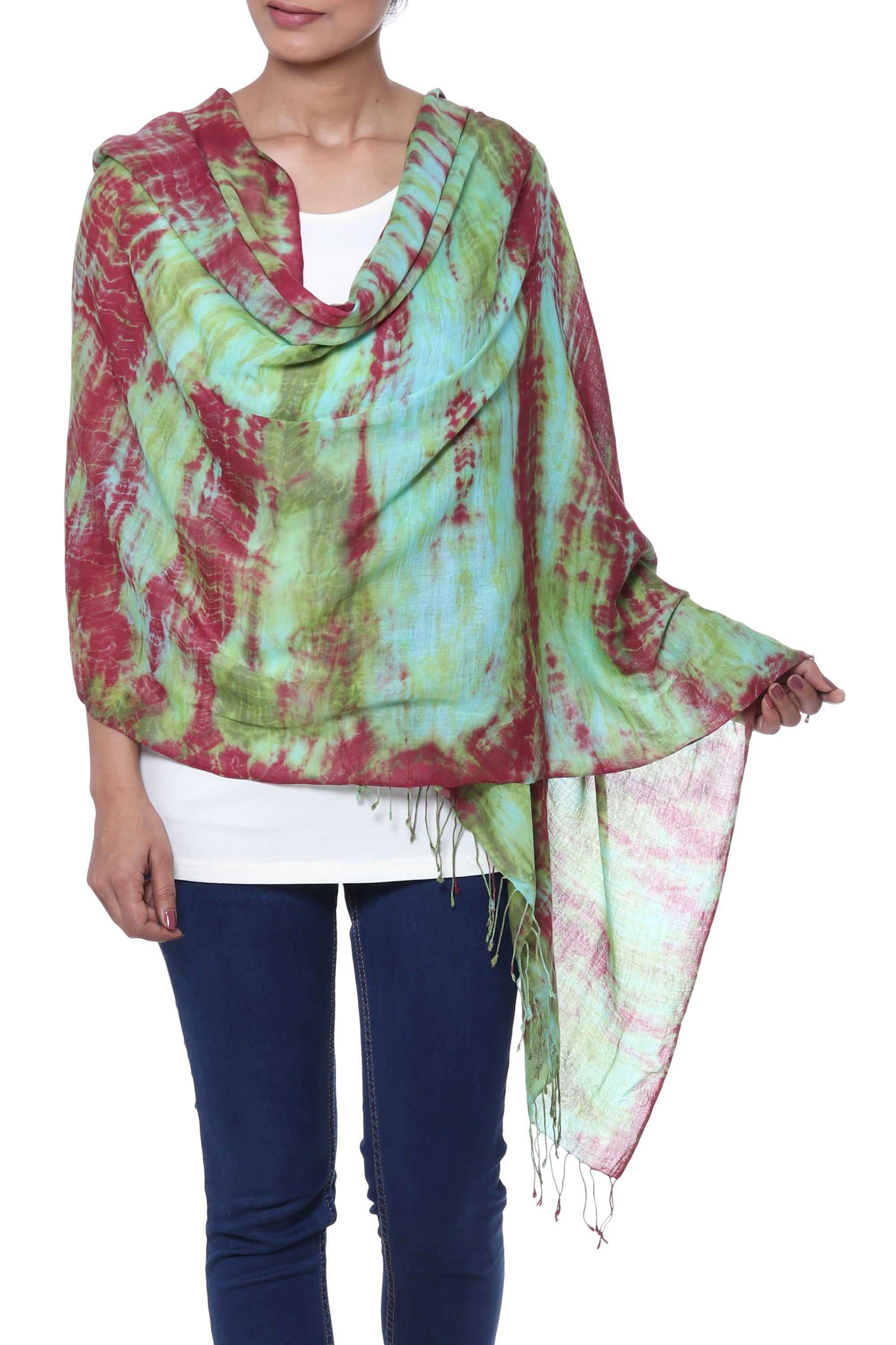 Cosmic Waves Red Green and Aqua Tie-Dyed Cotton Shawl with Fringe