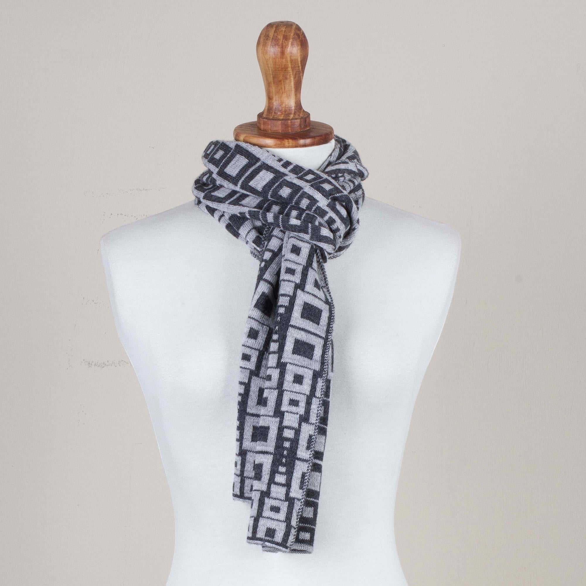 Andean Windows in Slate Alpaca Blend Scarf in Pearl Grey and Slate from Peru