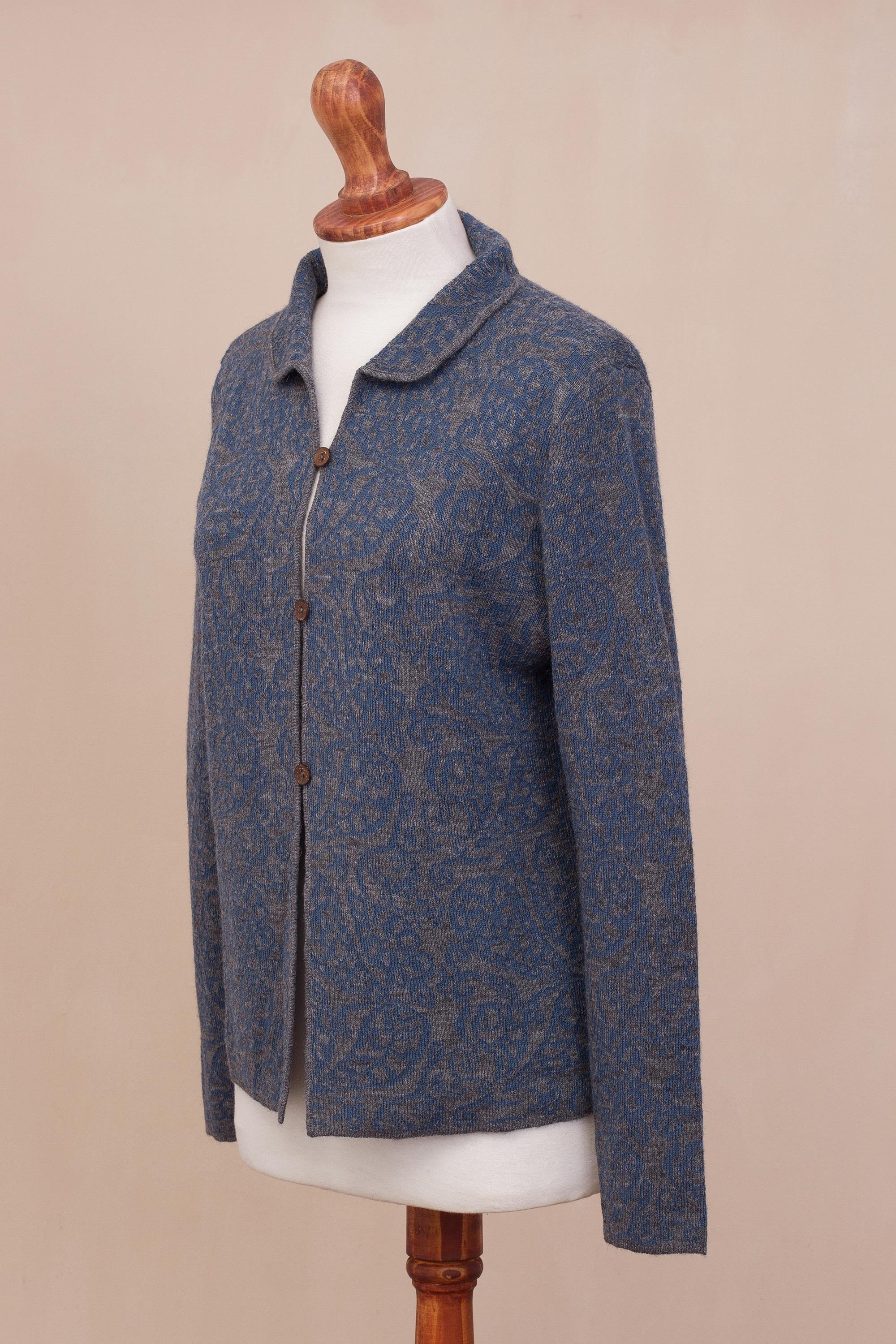 Paisley Elegance in Azure Alpaca Blend Cardigan with Azure Paisley Motifs from Peru