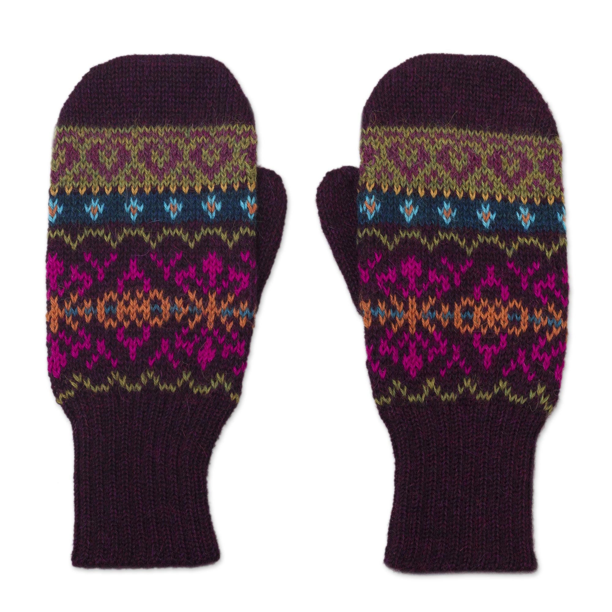 Inca Aubergine Dark Purple and Multicolored 100% Alpaca Mittens