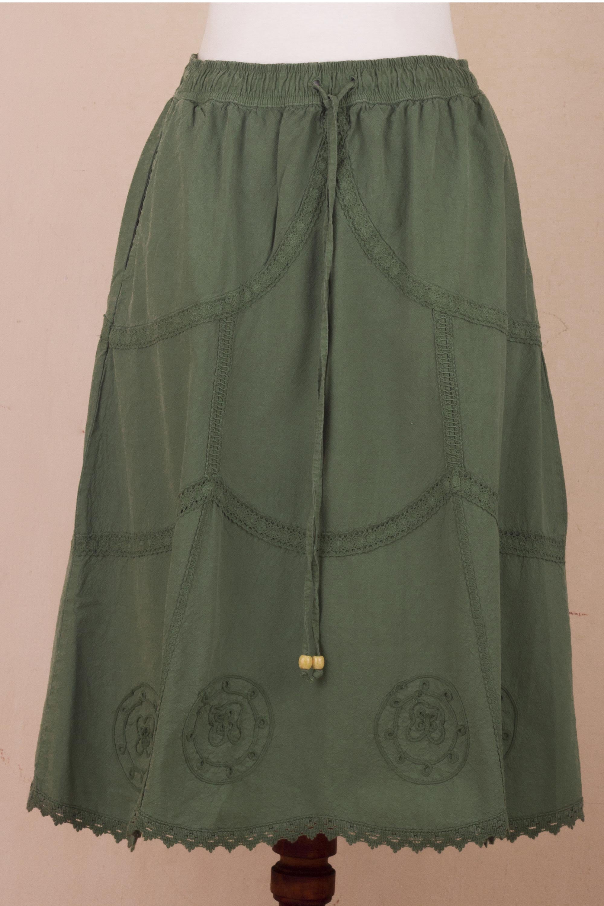 Andean Fields Embroidered Laurel Green Cotton Skirt from Peru