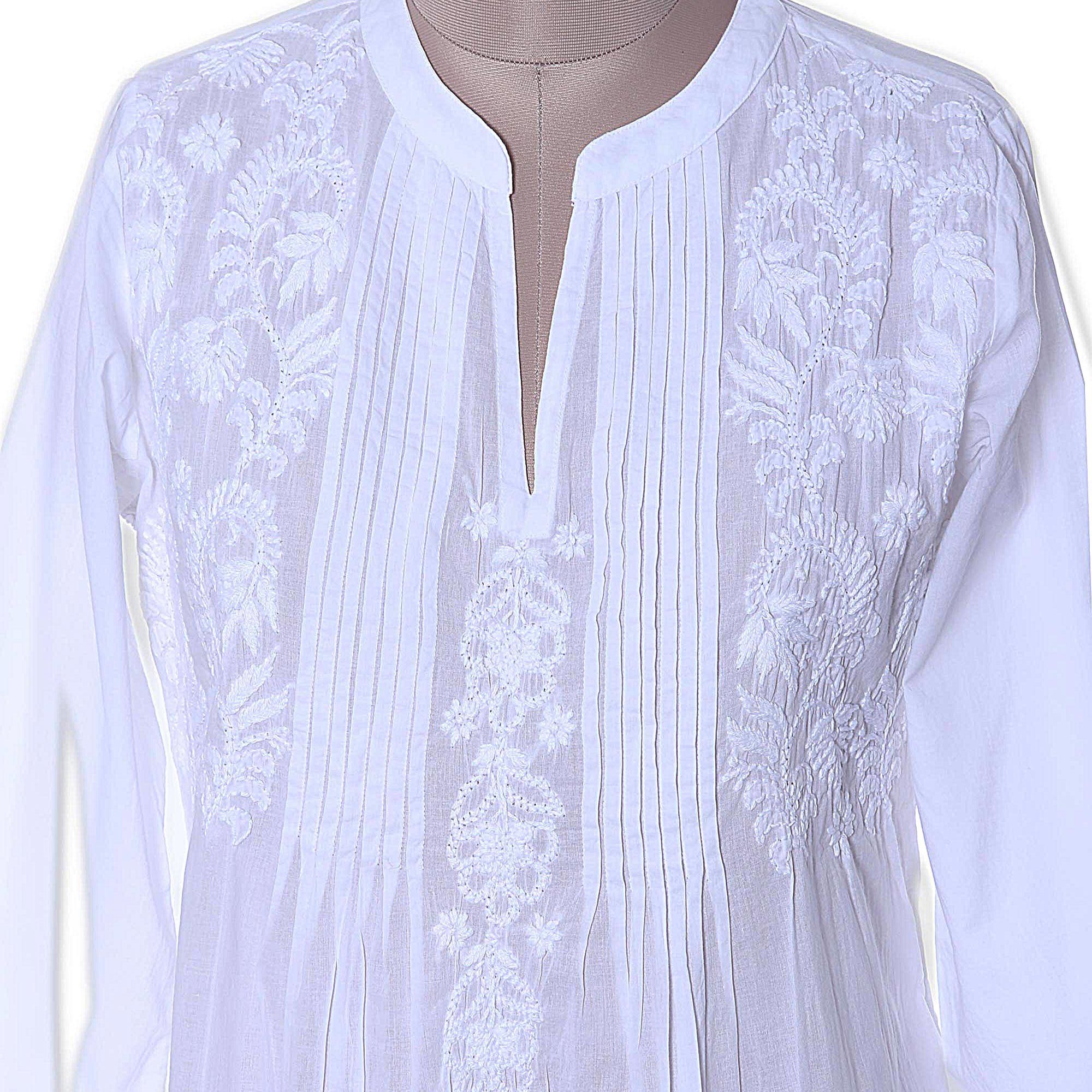 Ethereal Bloom Long Sleeve Floral White Blouse Hand Embroidered in India