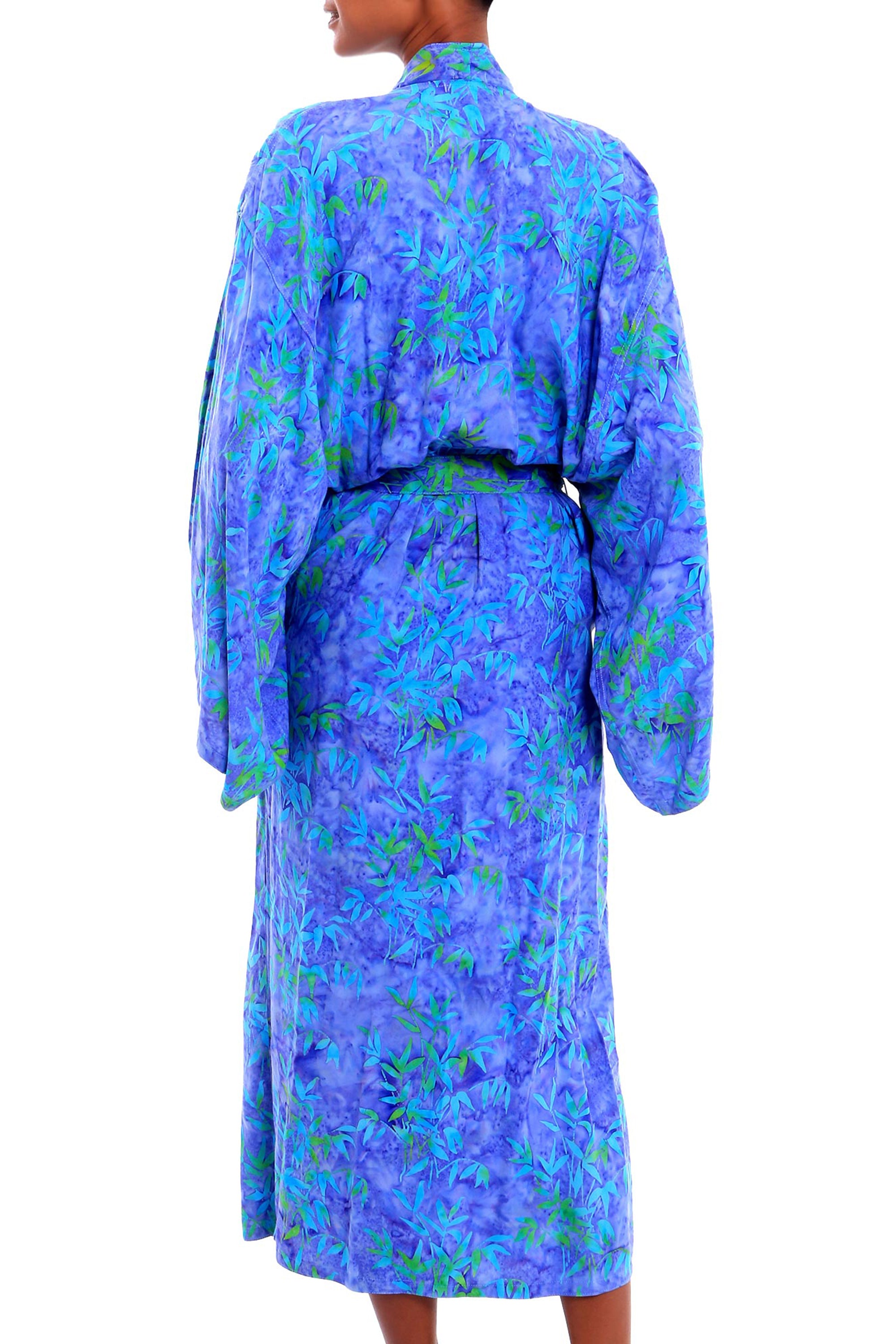 Mystery Grove Blue and Green Batik Leaf Long Sleeved Rayon Robe with Belt