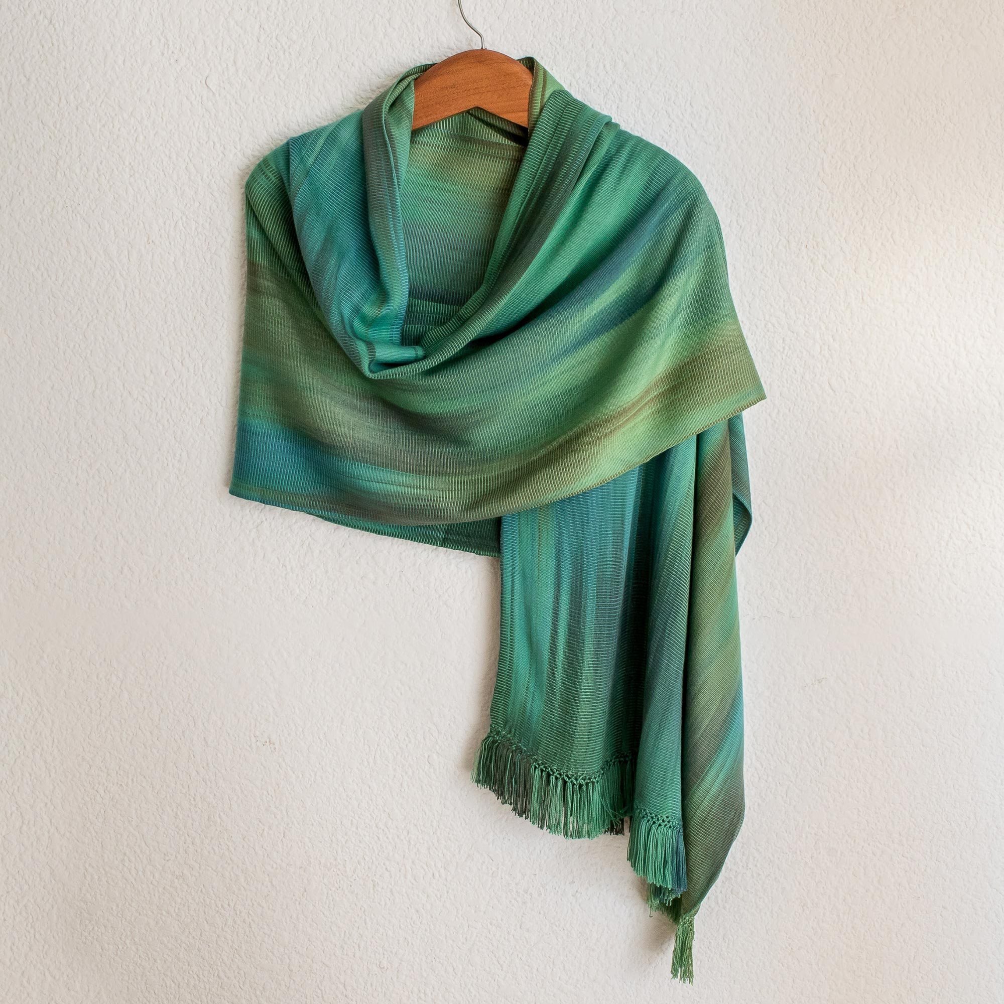 Peaceful Green and Turquoise Hand Woven Rayon Chenille Shawl