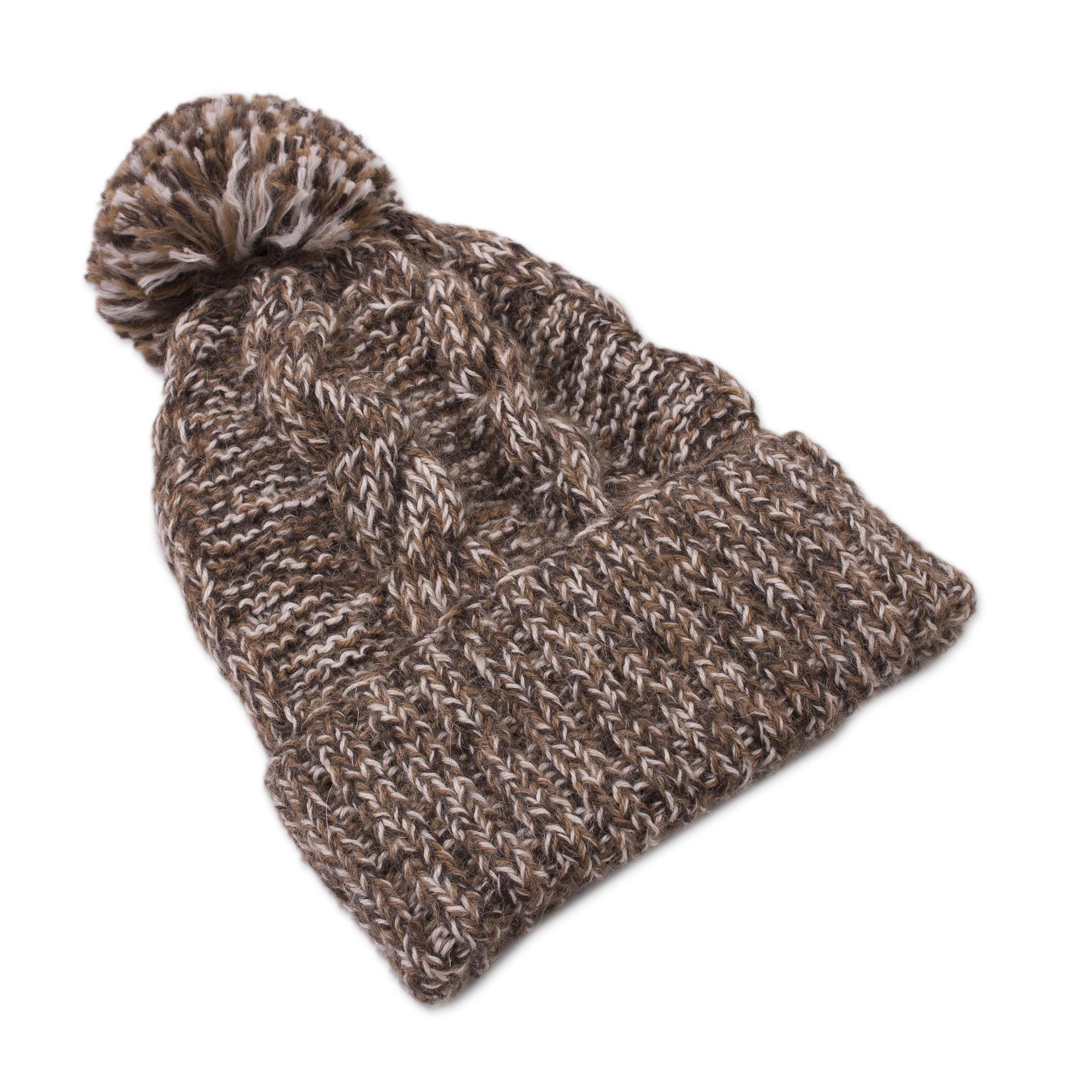 Chocolate River Brown and White 100% Alpaca Hand Knit Cable Stitch Hat