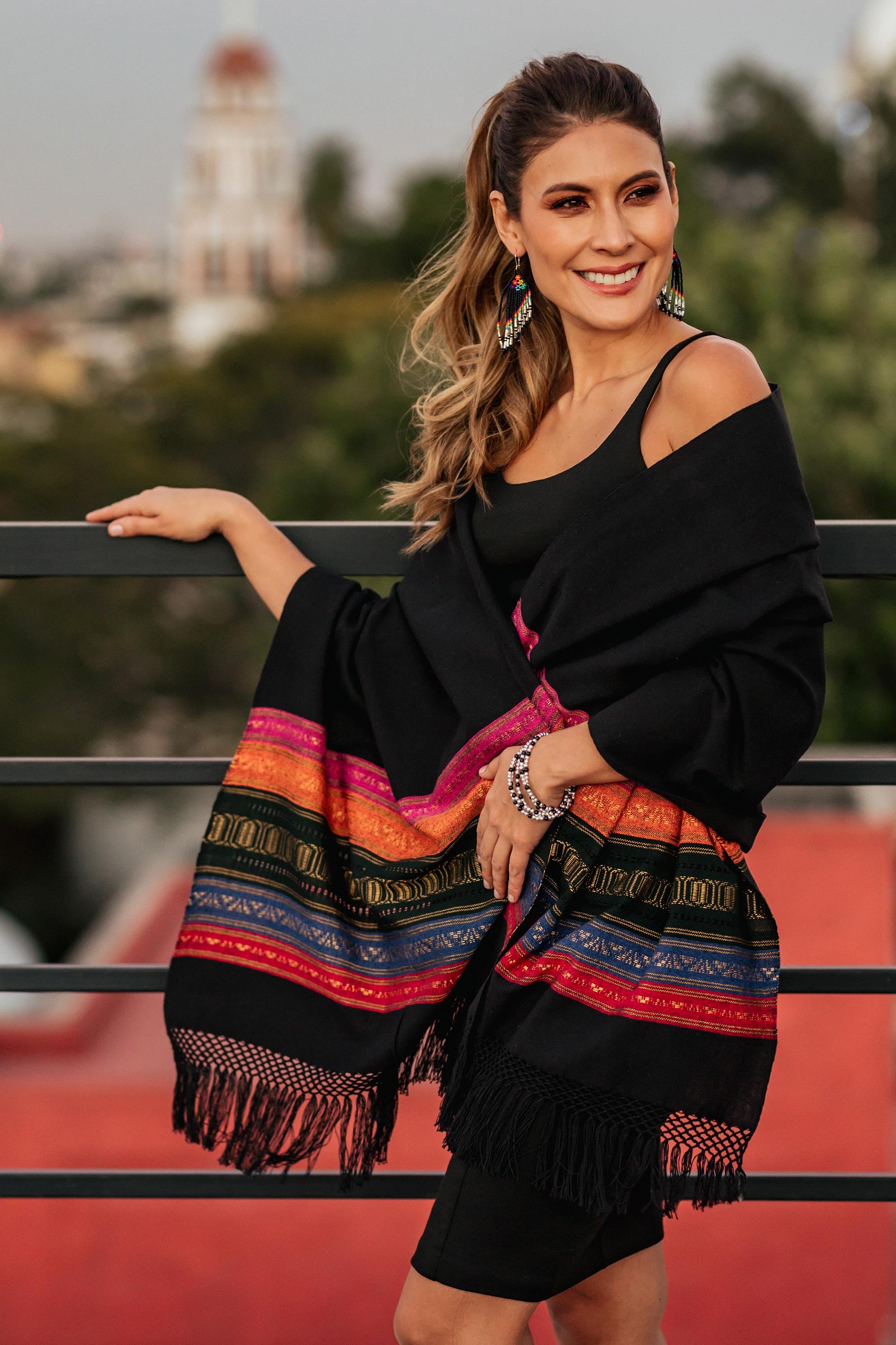 Zapotec Night Splendor Black Zapotec Rebozo Shawl with Colorful Geometric Stripes