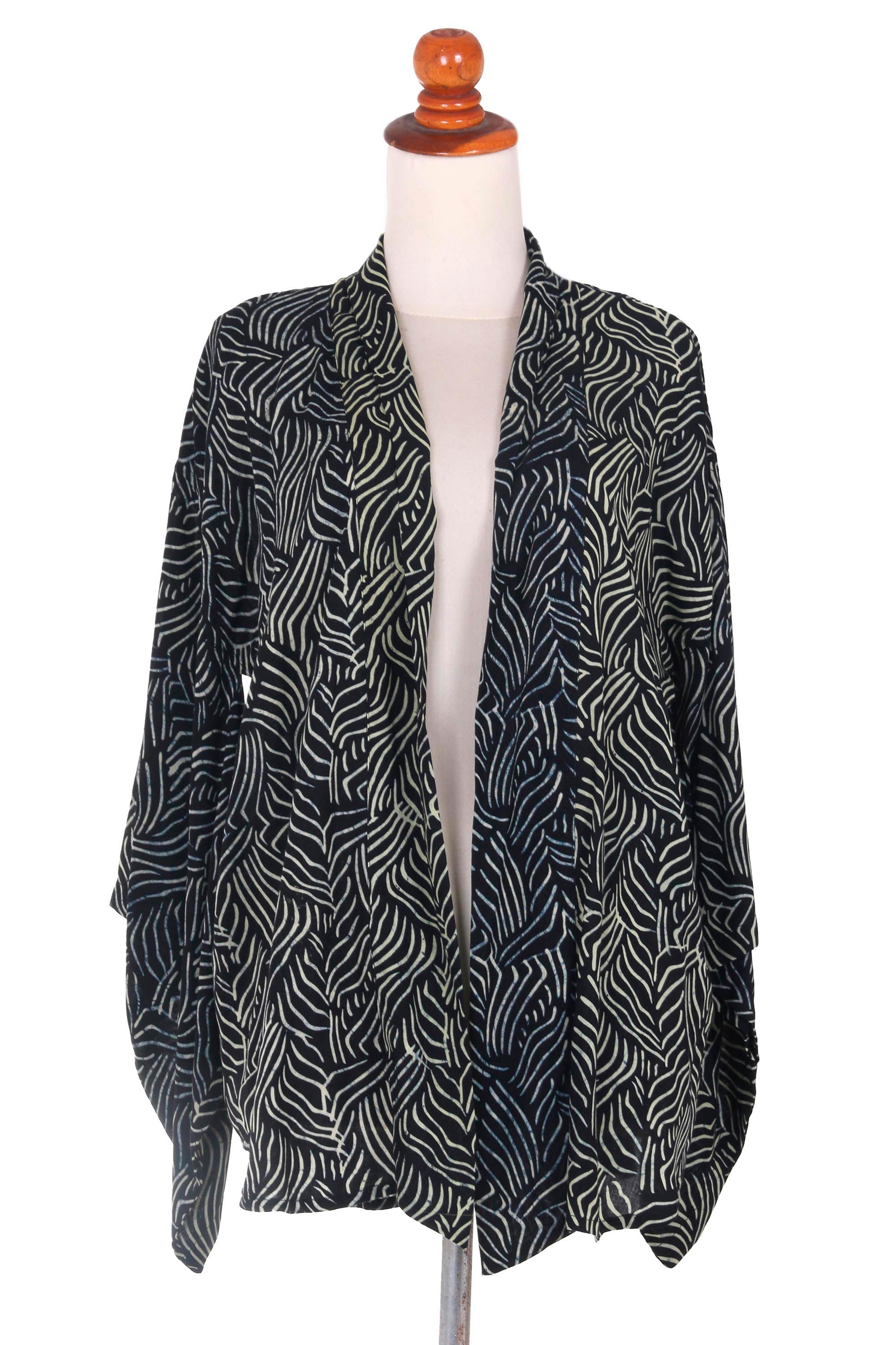 Bedeg Black and Ecru Rayon Batik Women's Open Front Jacket