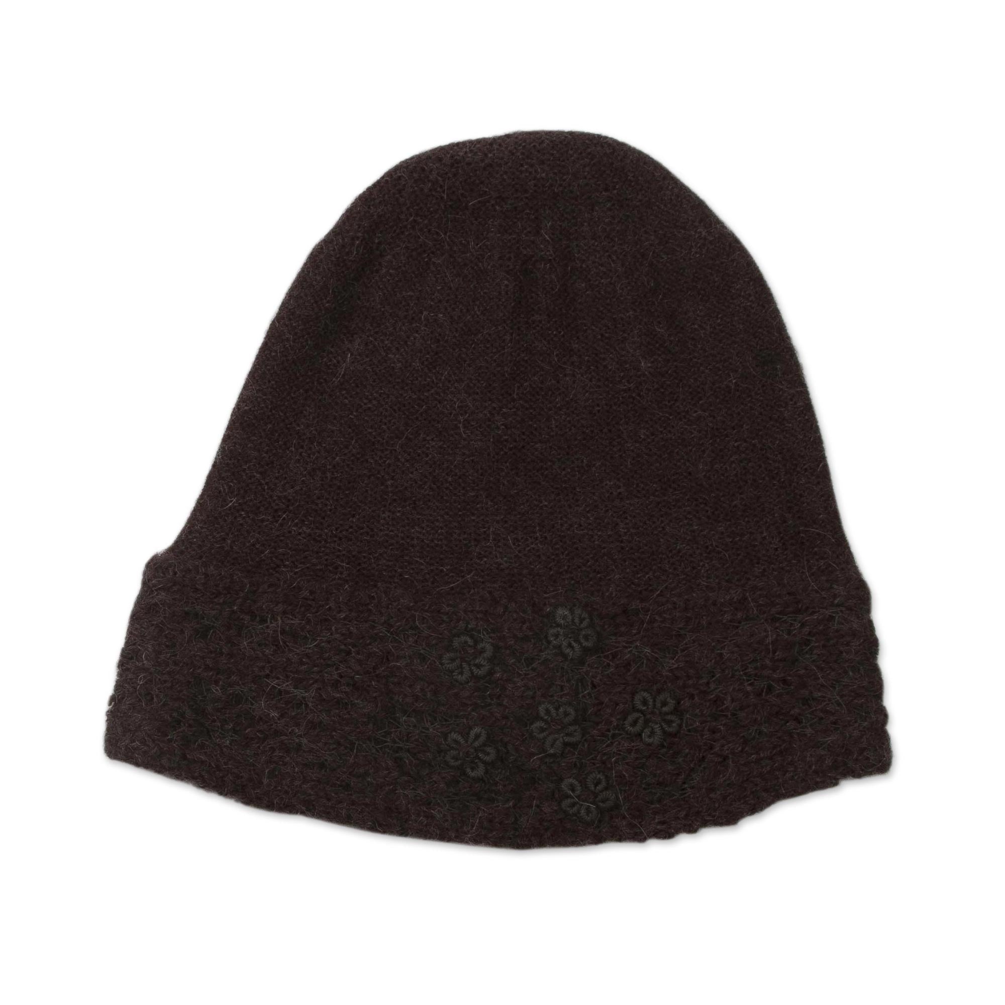 Flowery Hillside in Chocolate 100% Alpaca Embroidered Floral Hat in Chocolate from Peru