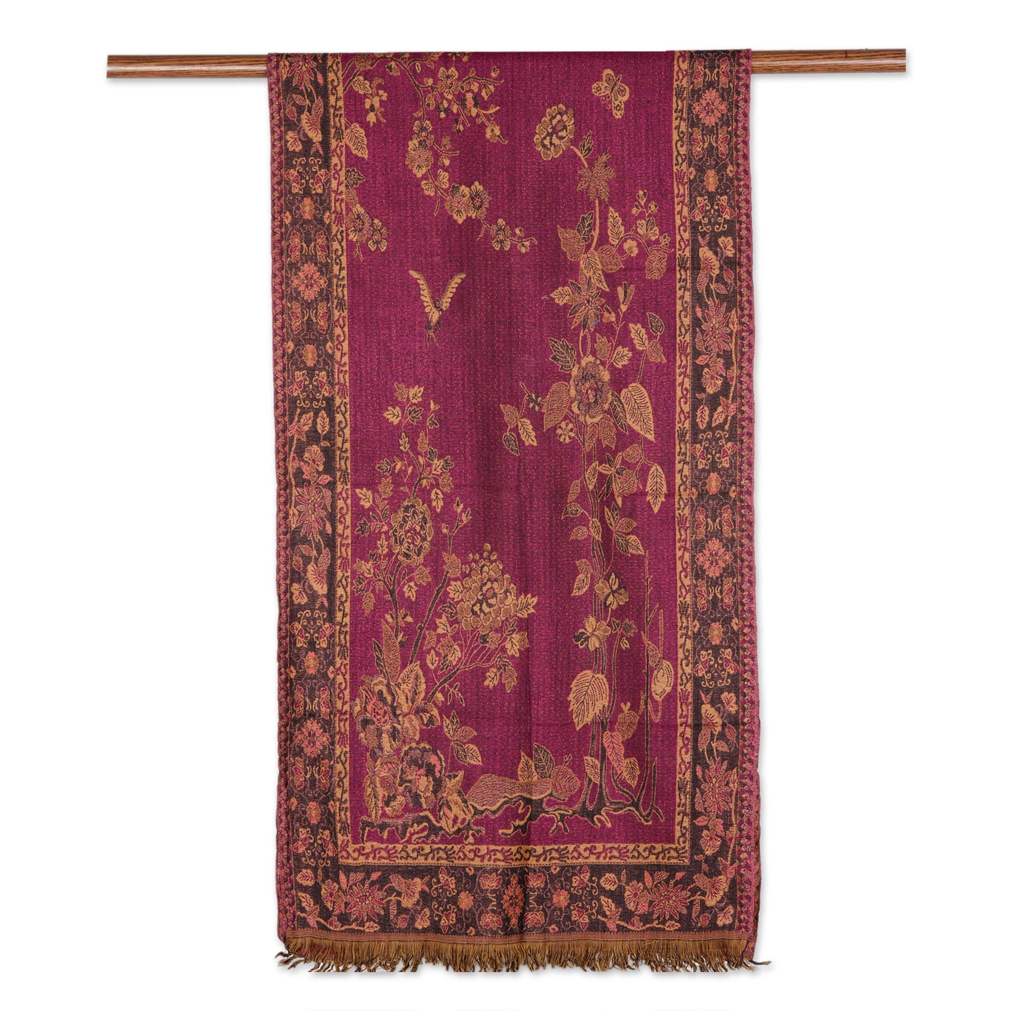 Azalea Garden Floral Motif Jamawar Wool Scarf in Azalea from India