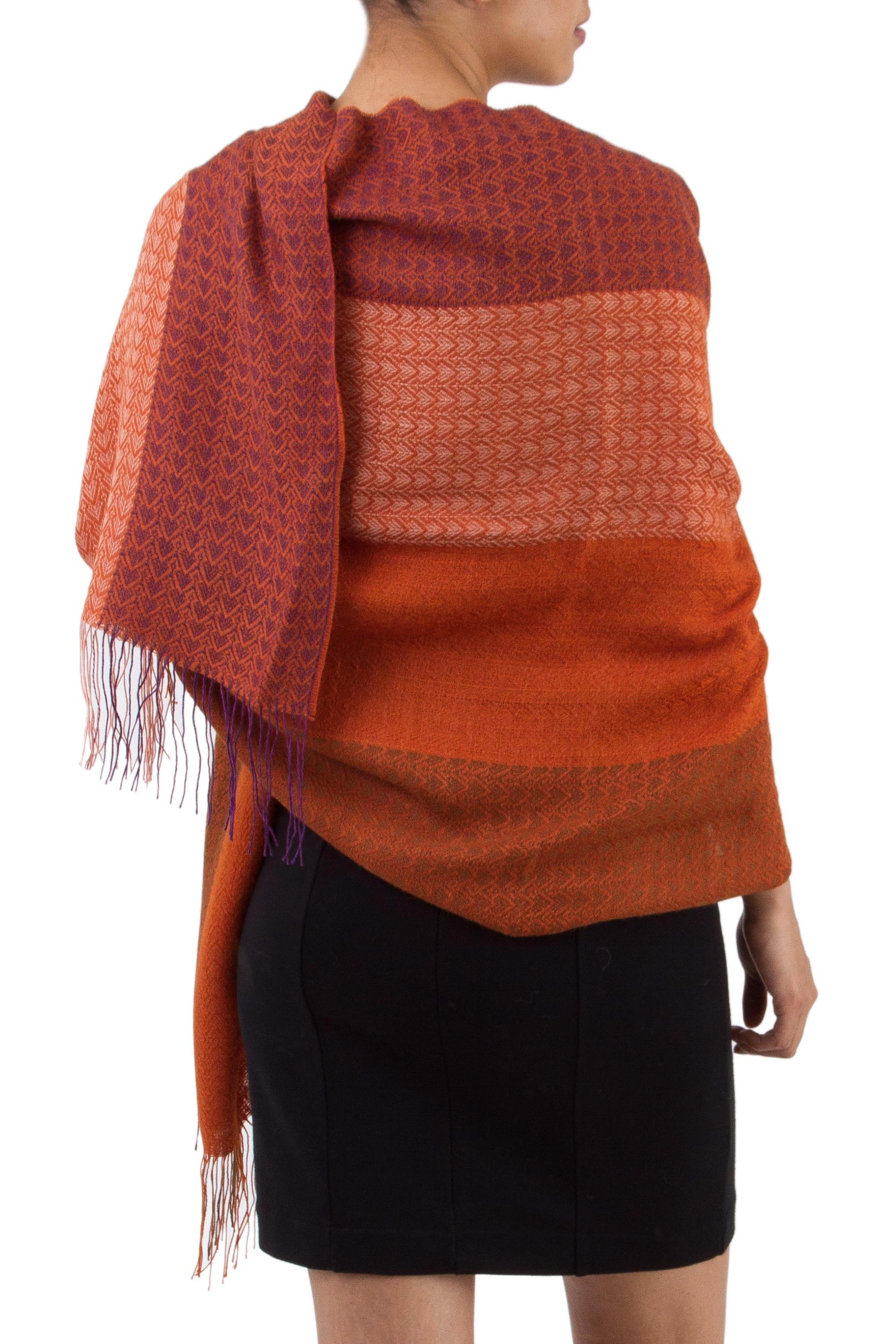 Blazing Warmth Handwoven Red and Orange Baby Alpaca Blend Shawl from Peru