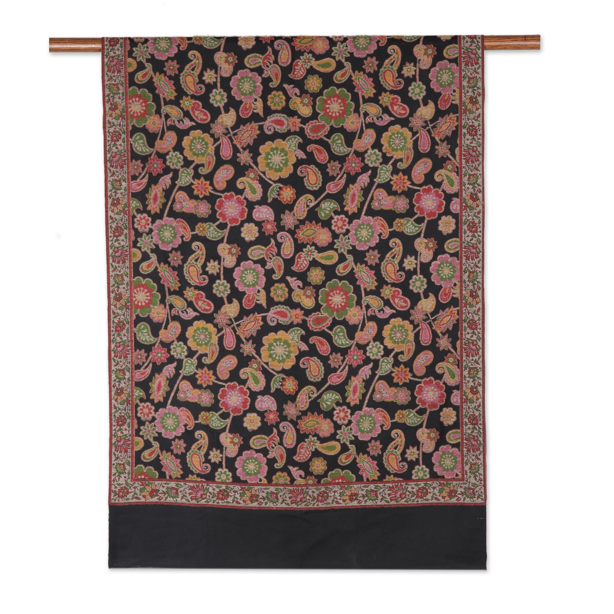 Midnight Garden Floral Wool Shawl in Black from India