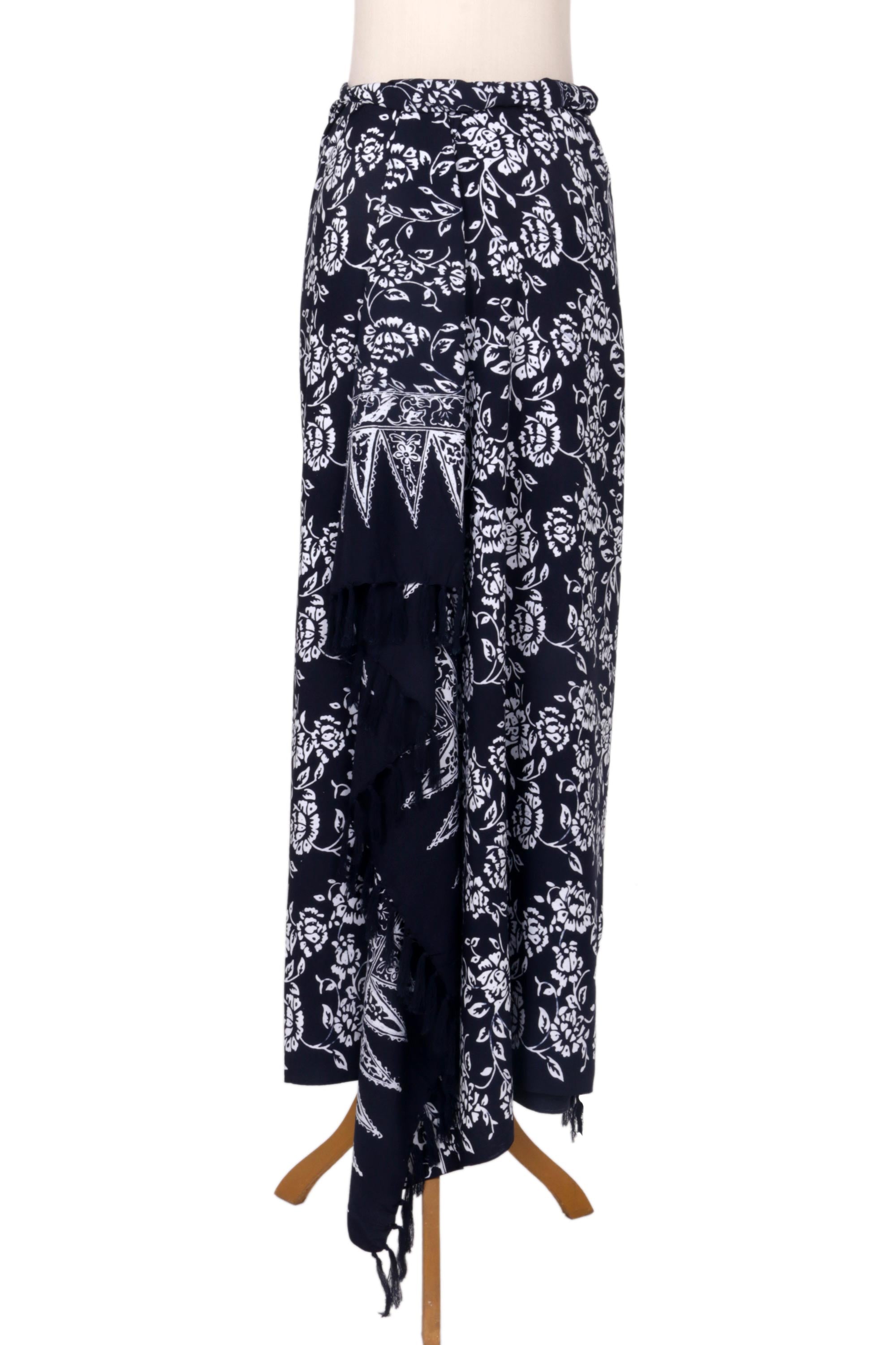 Tropical Garden in Black Black and White Rayon Sarong with Floral Batik Motifs