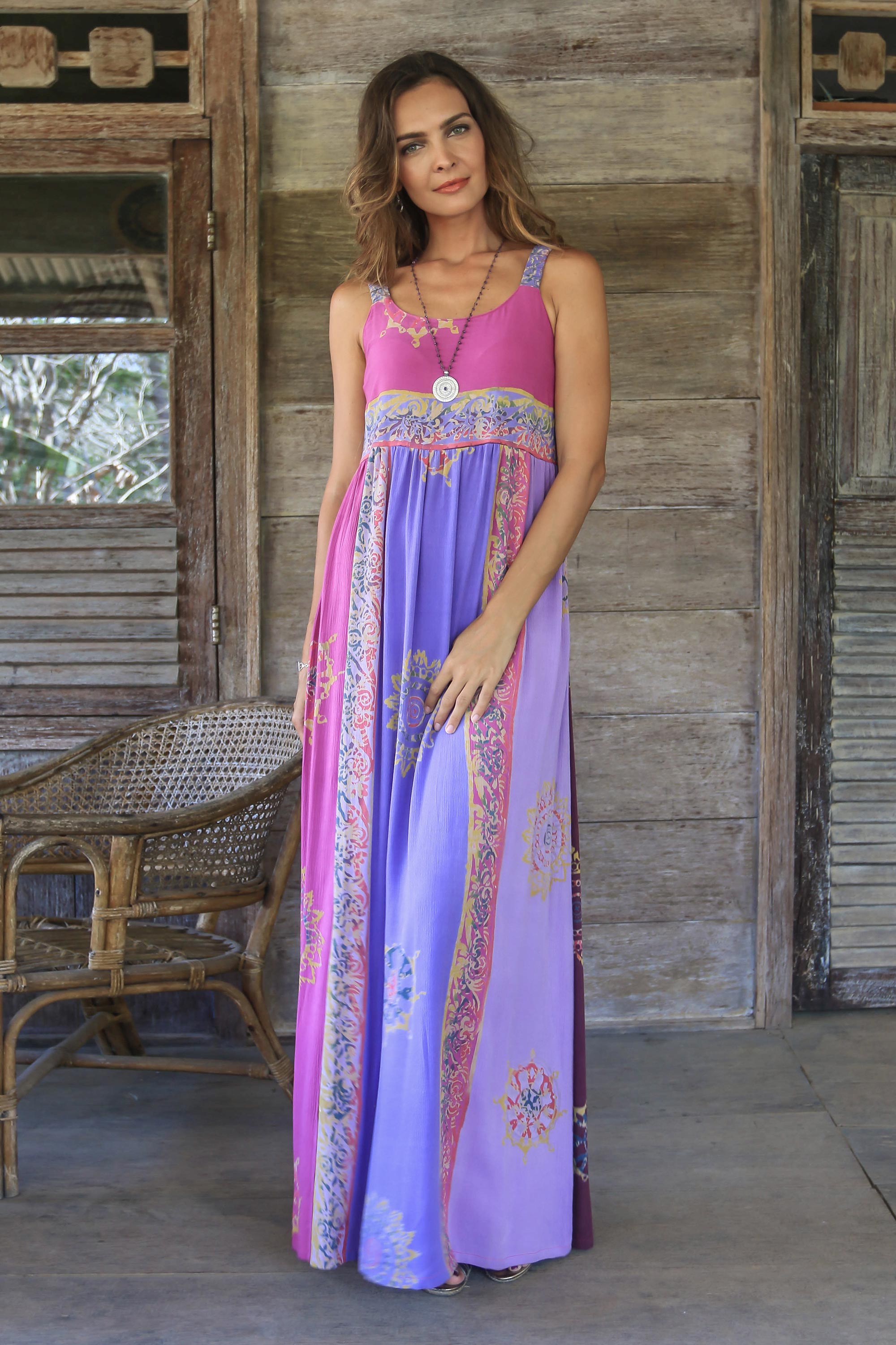 Primavera Fuchsia and Purple Batik Rayon Sundress from Bali