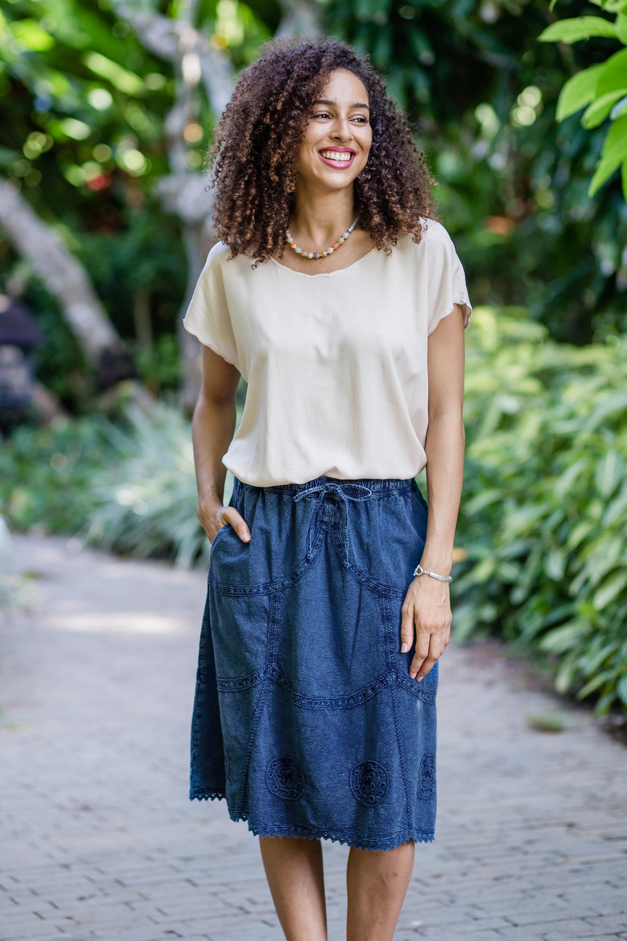 Journey Home Blue Cotton Skirt with Lace Trim