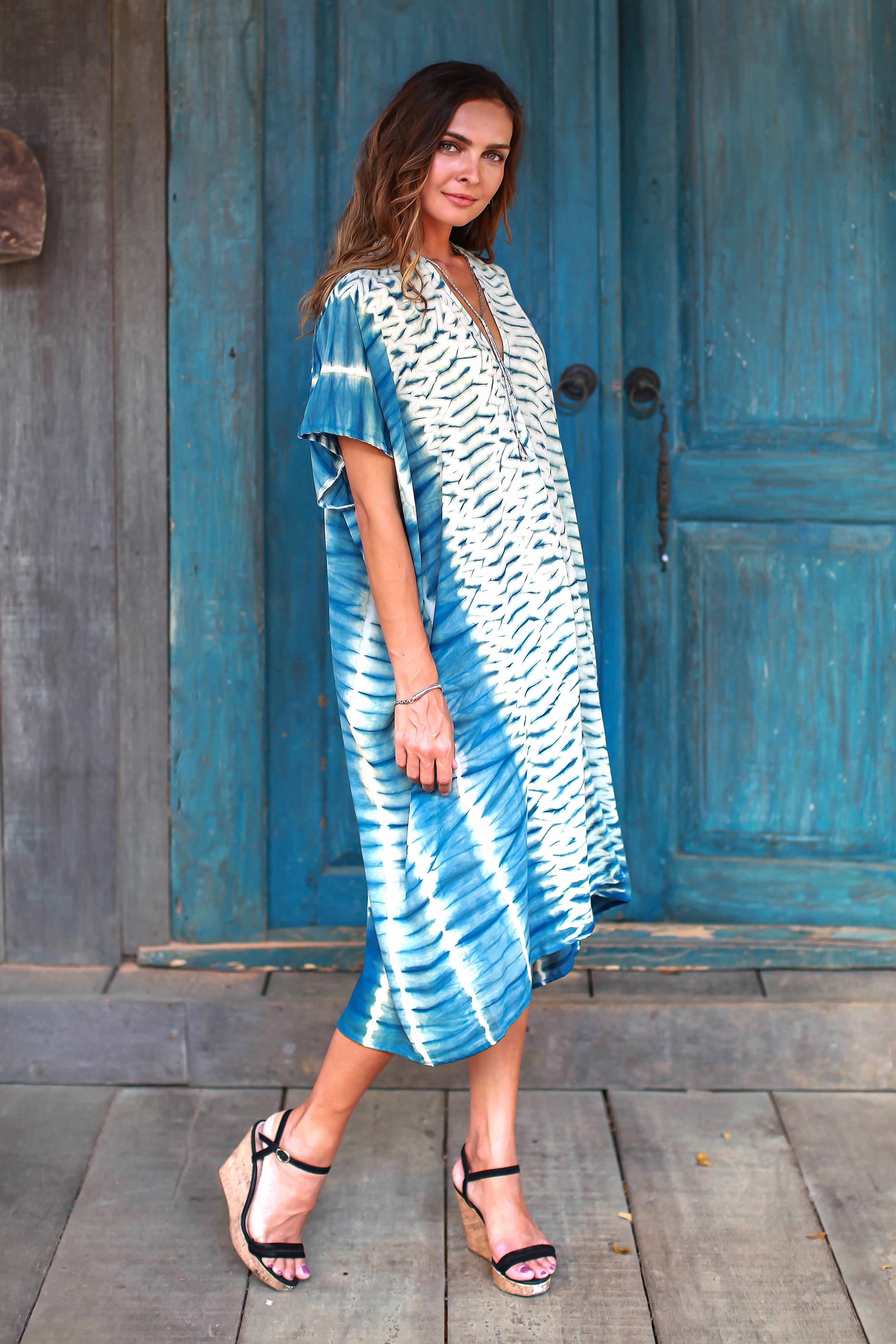 Segara Telu Ocean Ripple Tie-Dyed Cotton Caftan from Java