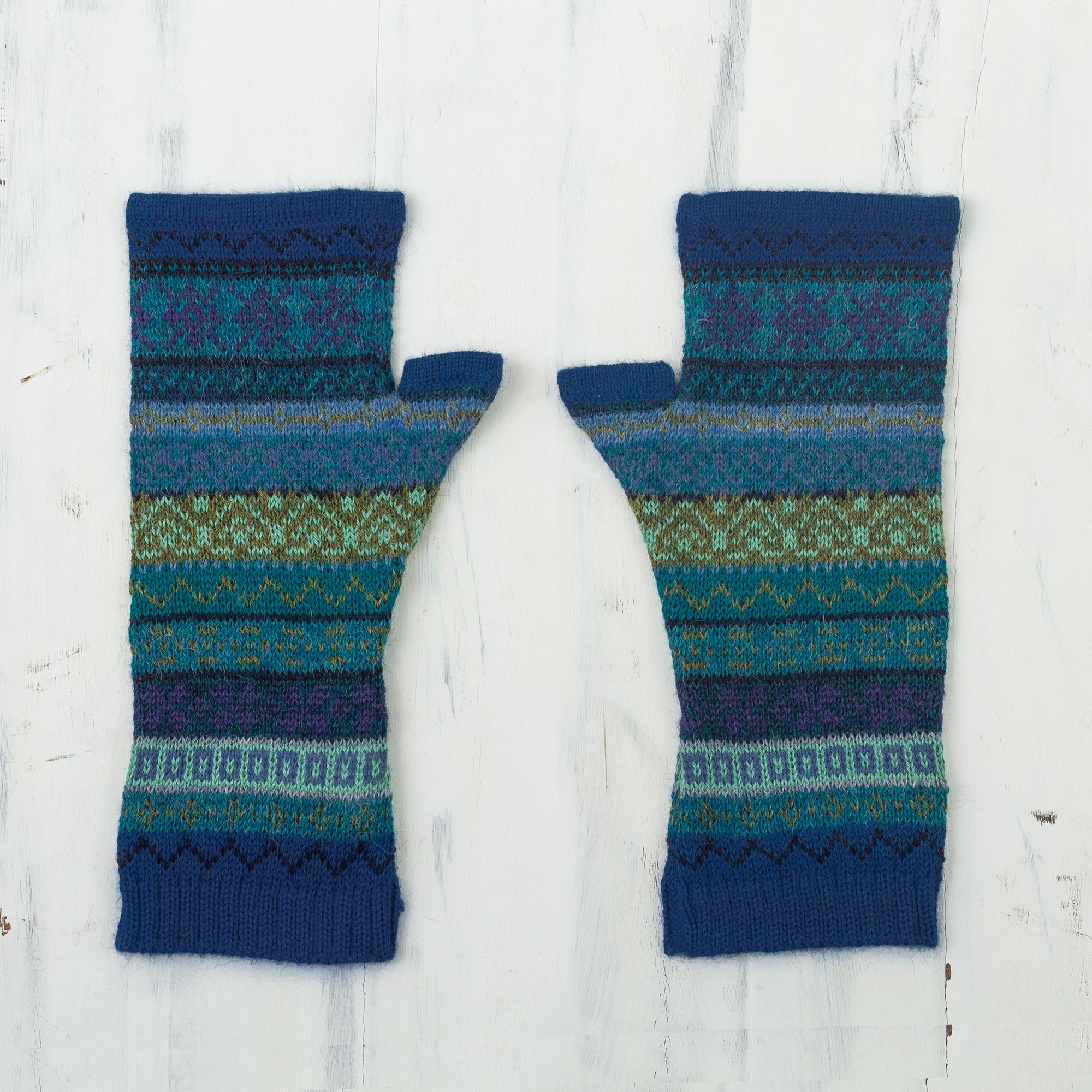 Sea Dreams Shades of Blue and Green 100% Alpaca Knit Fingerless Mitts