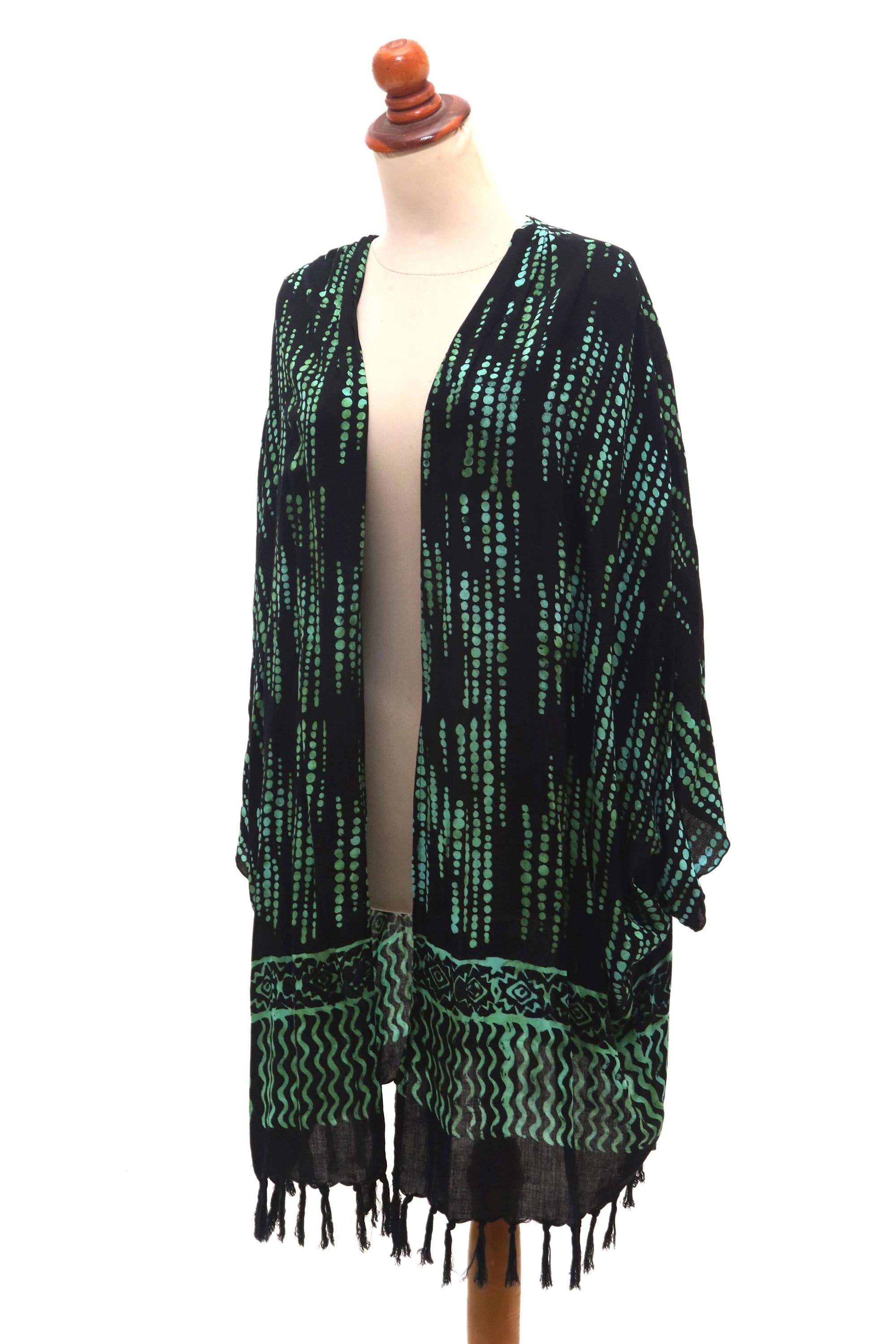 Raindrops Hand Stamped Black and Mint Rayon Batik Kimono