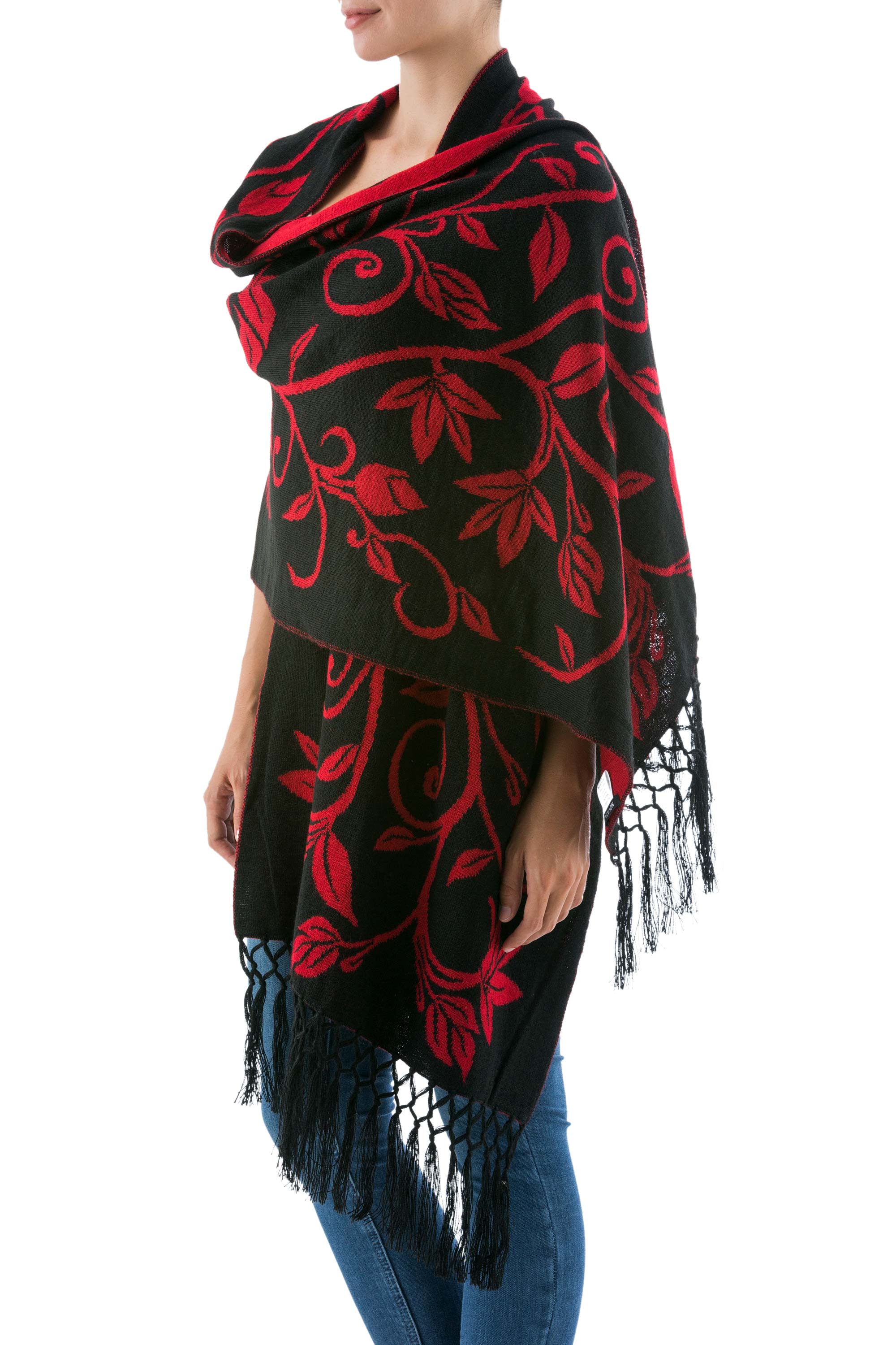 Scarlet Leaves Reversible Red and Black Alpaca Blend Shawl