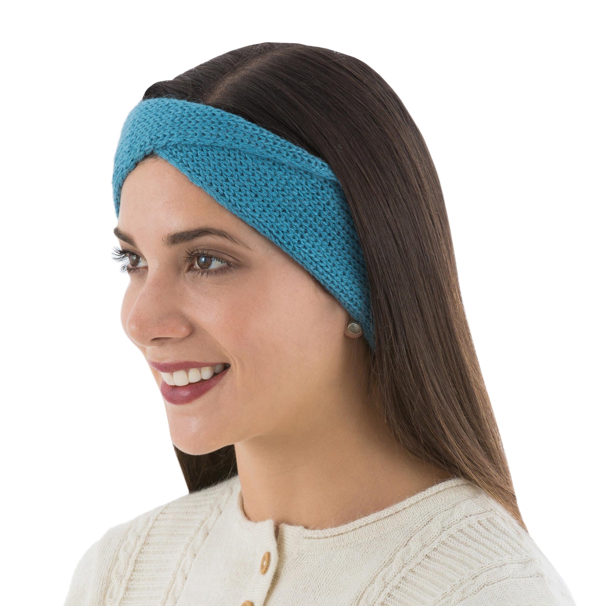 Blue Twist Blue 100% Alpaca Ear Warmer Knitted in Peru