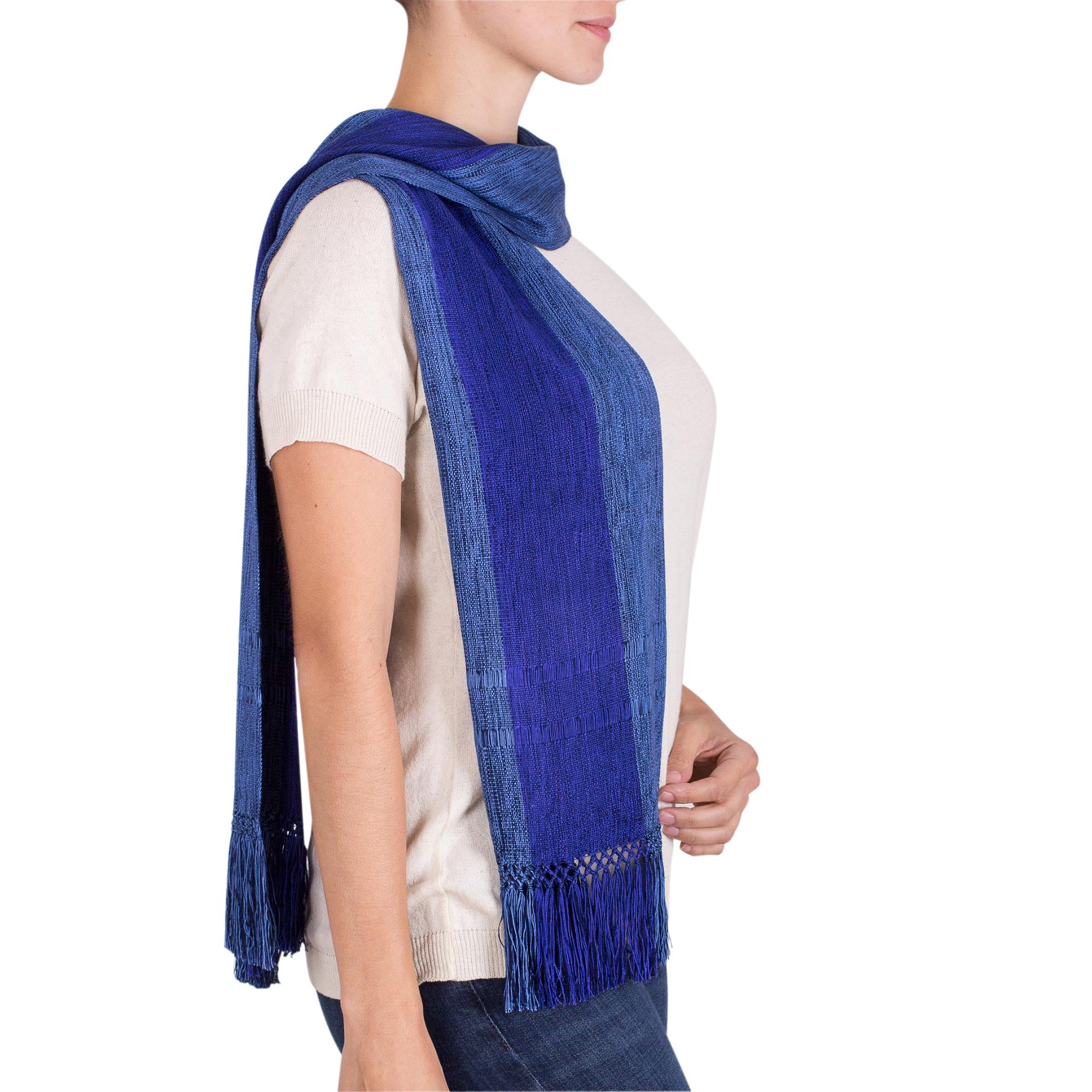 November Skies Loom Woven Blue Striped Rayon Scarf from Guatemala