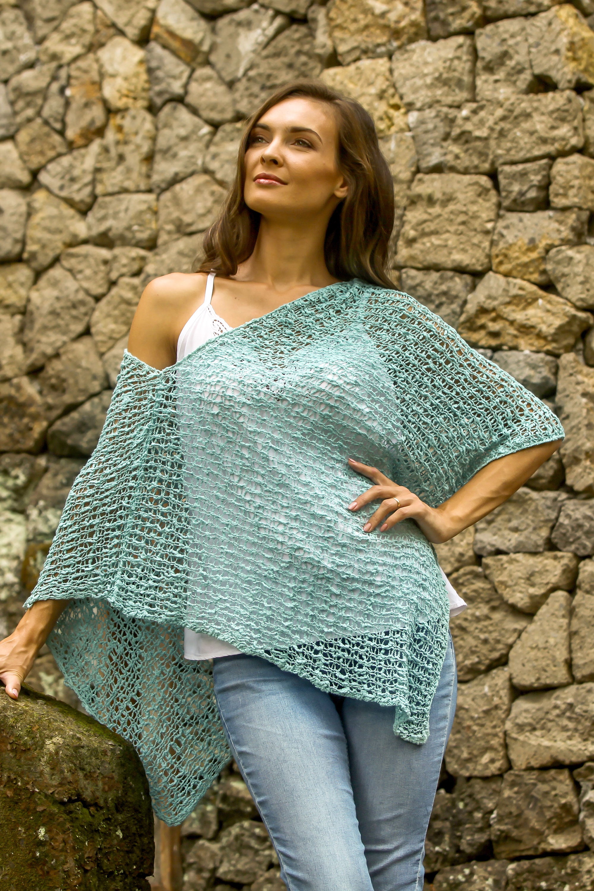 Turquoise Sanur Shade Lightweight Turquoise Hand Crocheted Poncho  from Bali