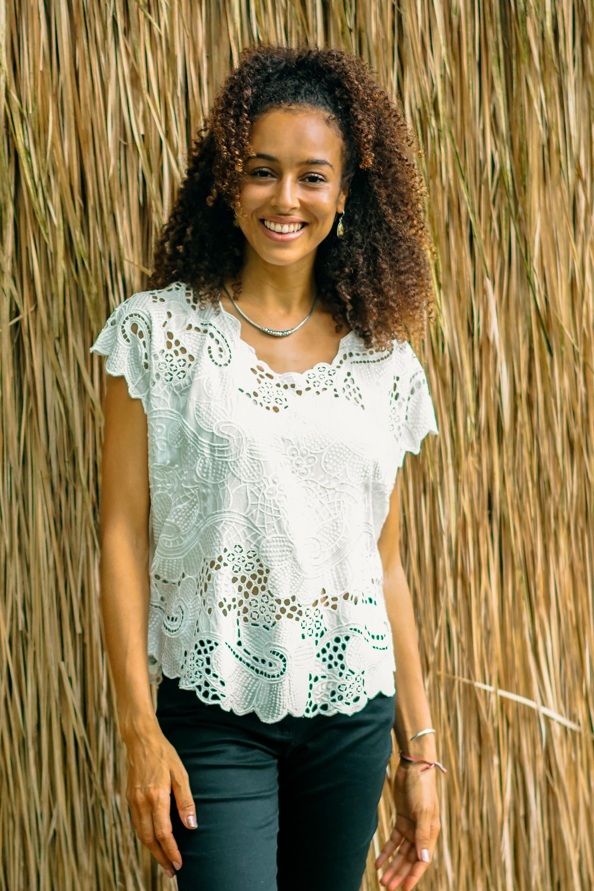 Rose Mallow in White Floral White-On-White Openwork and Embroidered Rayon Top