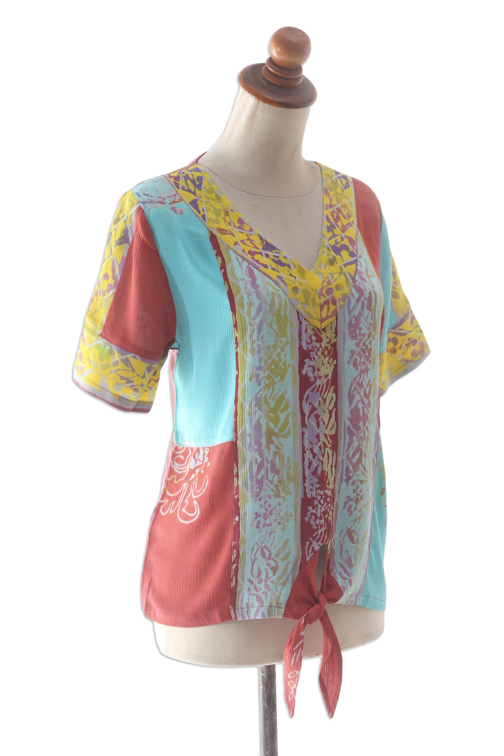 Bali Rainbow Tie-Front Short-Sleeved Rayon Blouse