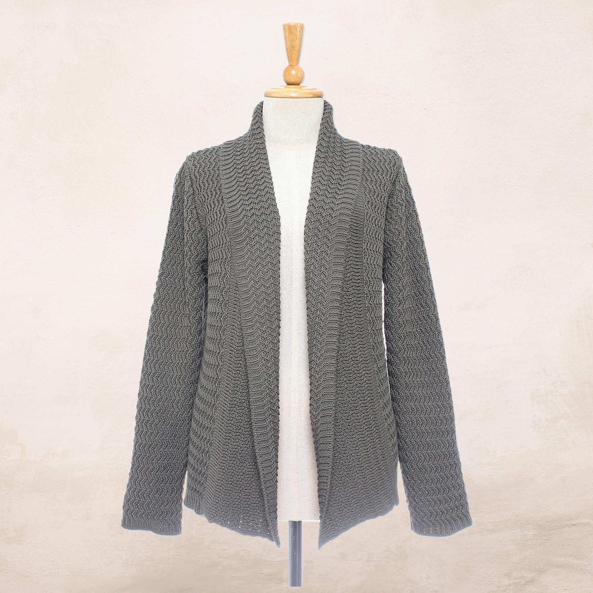 Cross Stitch in Dark Taupe Knit Cotton Cardigan in Dark Taupe from Thailand