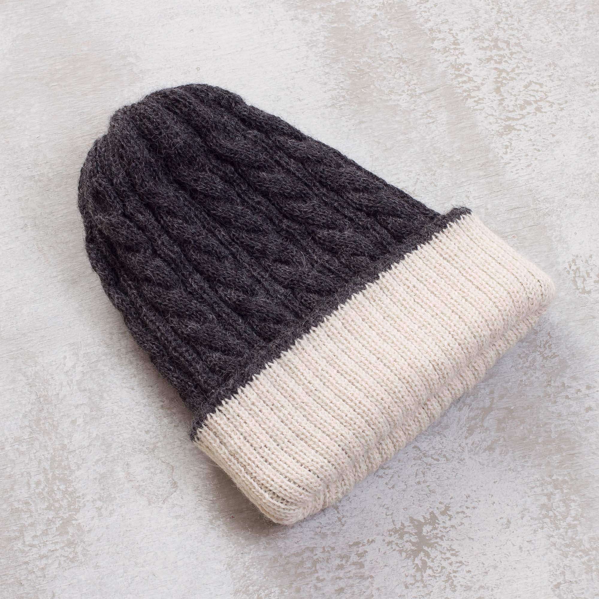 Warm and Contented 100% Alpaca White and Grey Reversible Knit Hat from Peru