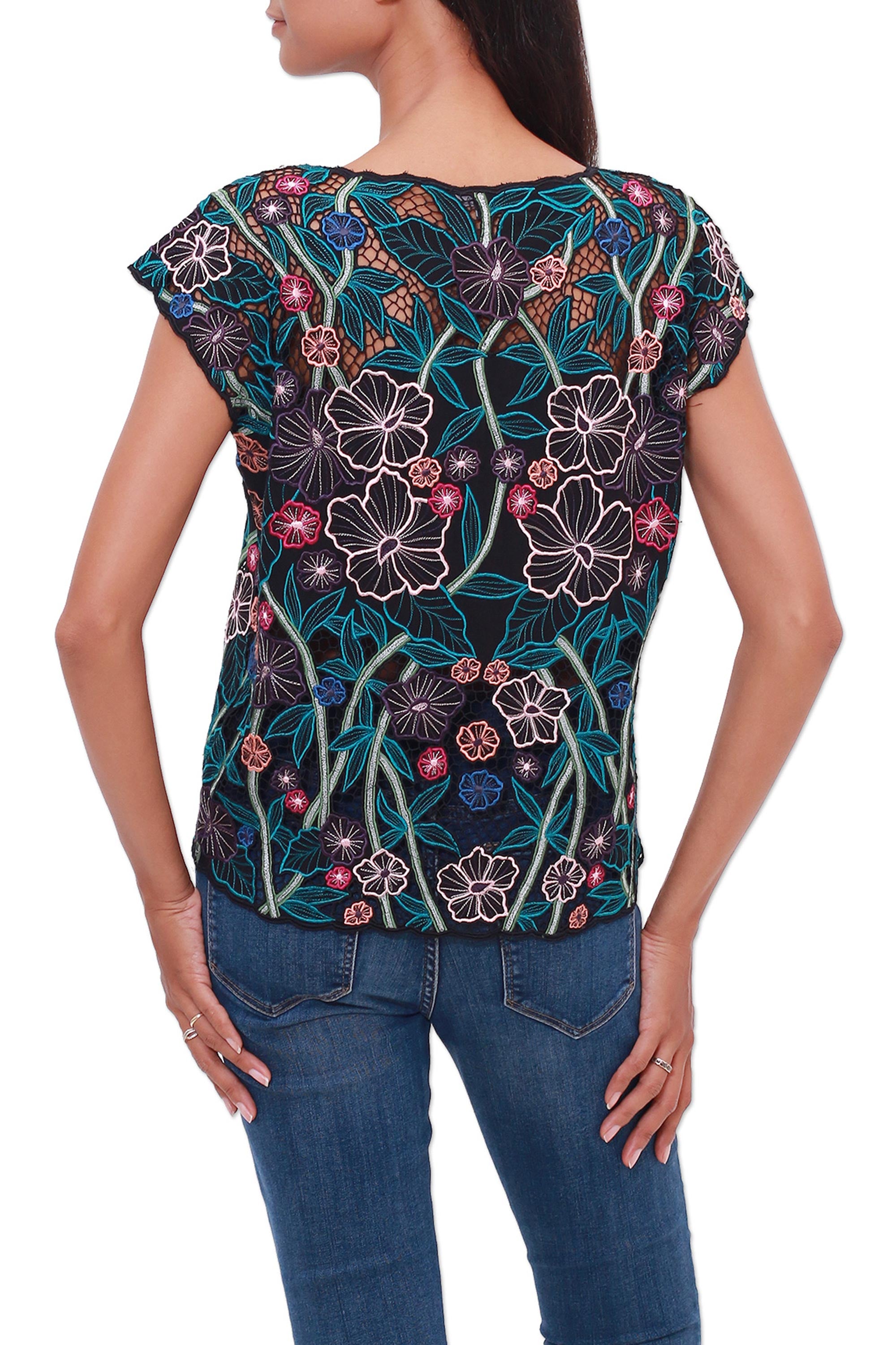 Lovely Garden Floral Embroidered Rayon Blouse from Bali