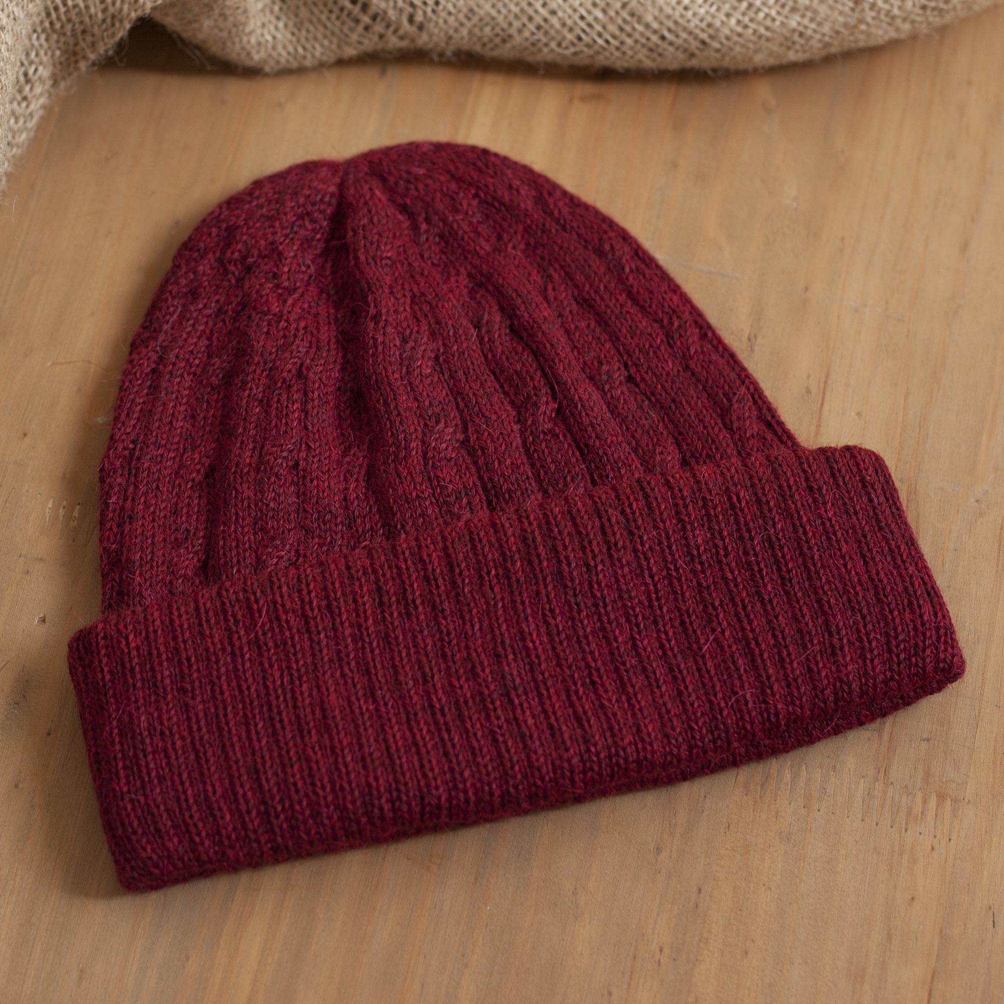 Comfy in Burgundy Cranberry Red 100% Alpaca Soft Cable Knit Hat from Peru