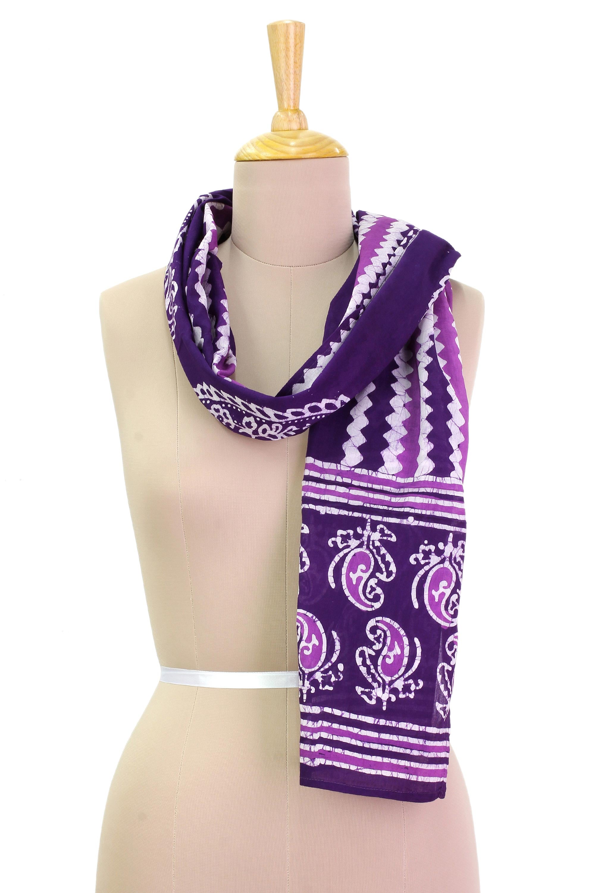 Modern Aubergine Paisley Purple and White Paisley and Zig Zag Batik Printed Scarf