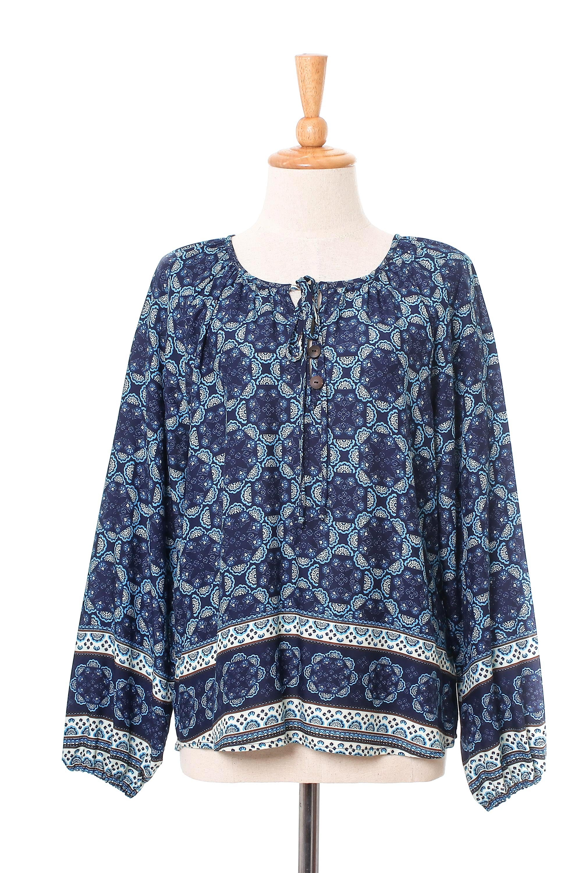 Fascinating Evening Floral Motif Rayon Blouse in Blue from Thailand