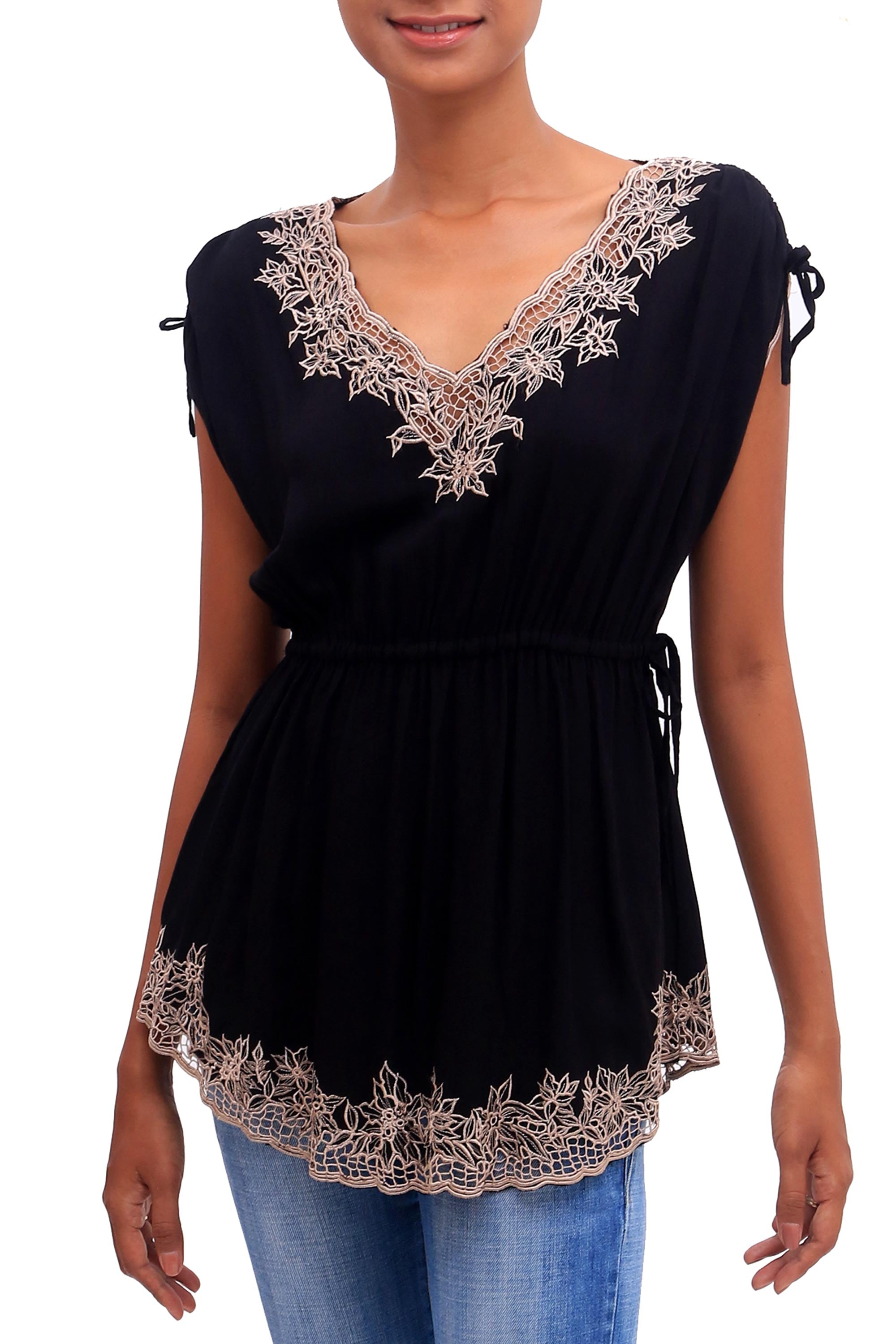 Floral Flirt in Onyx Floral Embroidered Rayon Blouse in Onyx from Bali