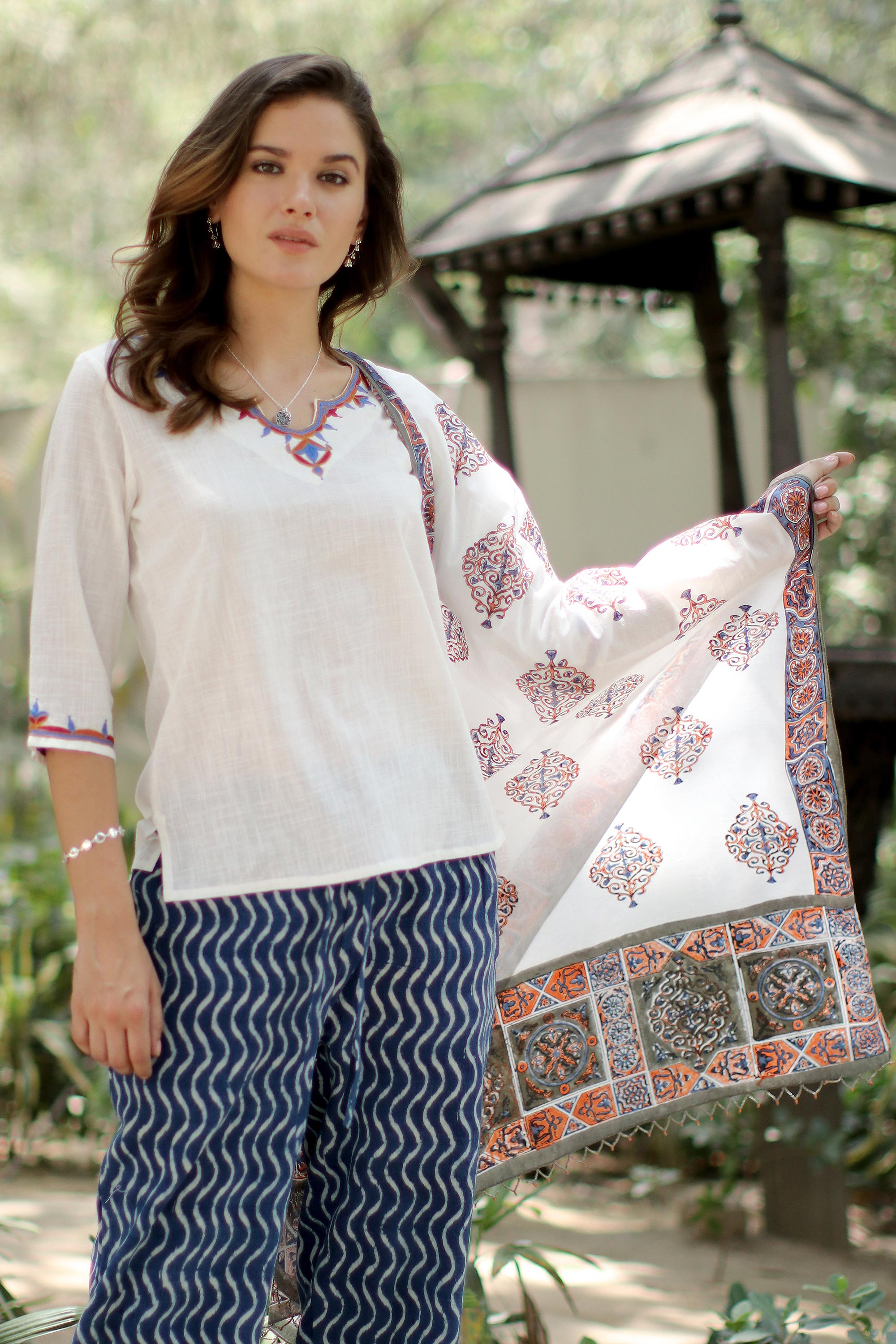 Mughal Glory Block-Printed Cotton Shawl from India