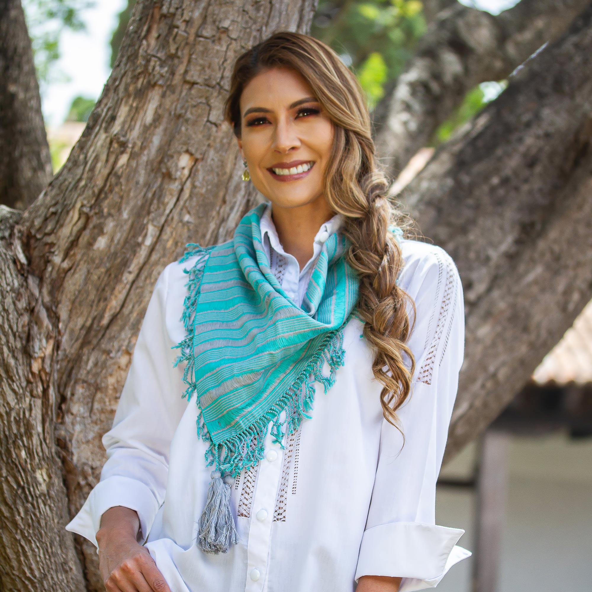 Sweet Stripes in Turquoise Handwoven Cotton Scarf in Turquoise and Smoke from Mexico