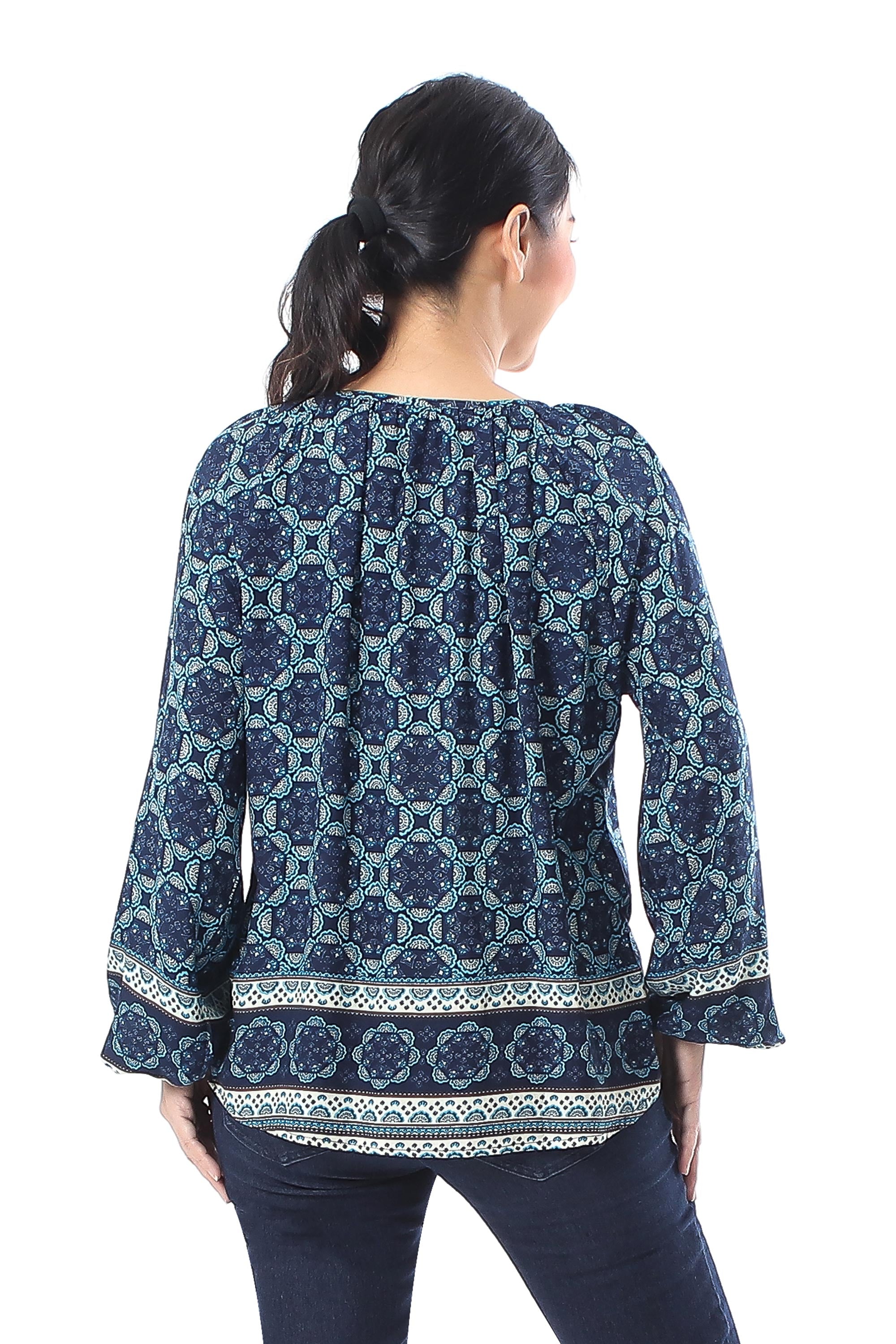 Fascinating Evening Floral Motif Rayon Blouse in Blue from Thailand