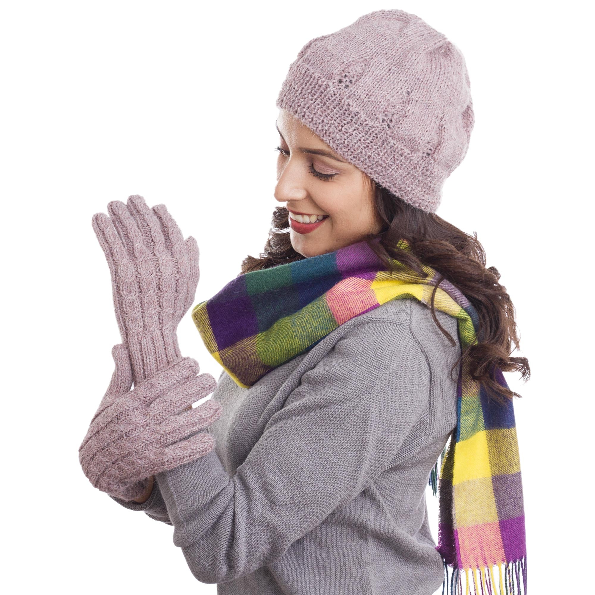 'Winter Delight in Light Mauve' Cable Knit 100% Alpaca Gloves from Peru