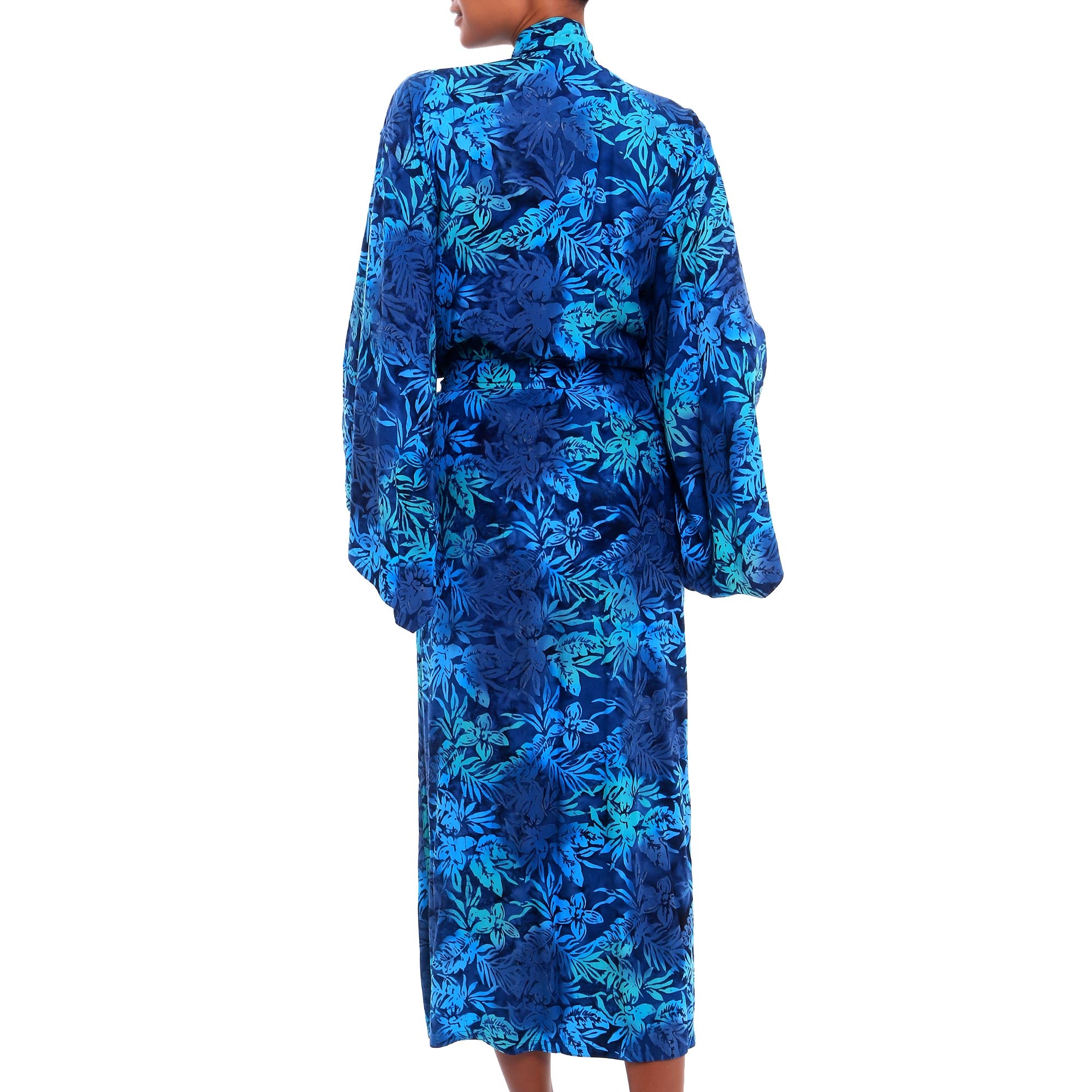 Bedugul Dusk Navy and Green Batik Print Long Sleeved Rayon Robe with Belt